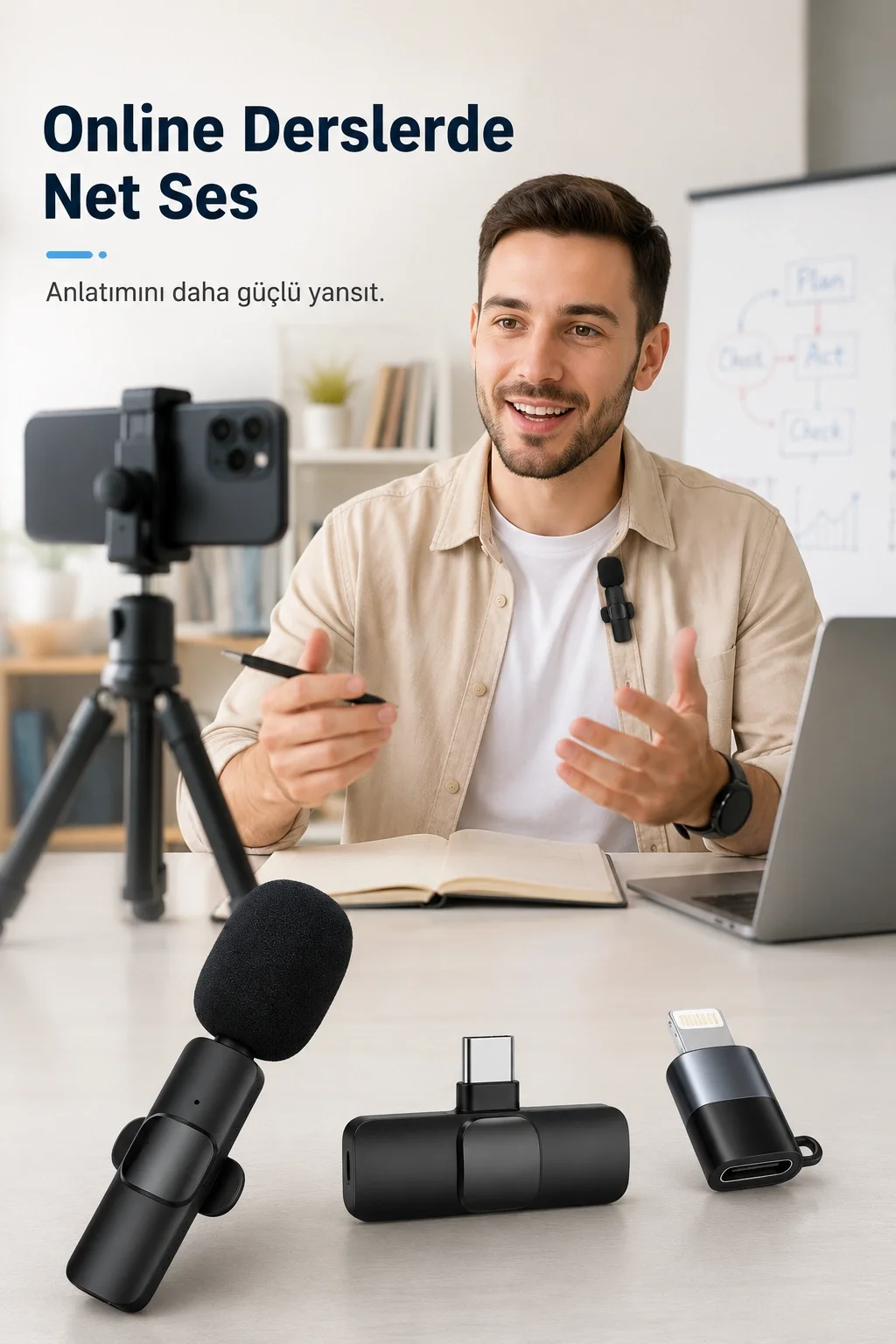 Kablosuz Yaka Mikrofonu USB-C Lightning Uyumlu Tak Çalıştır Telef