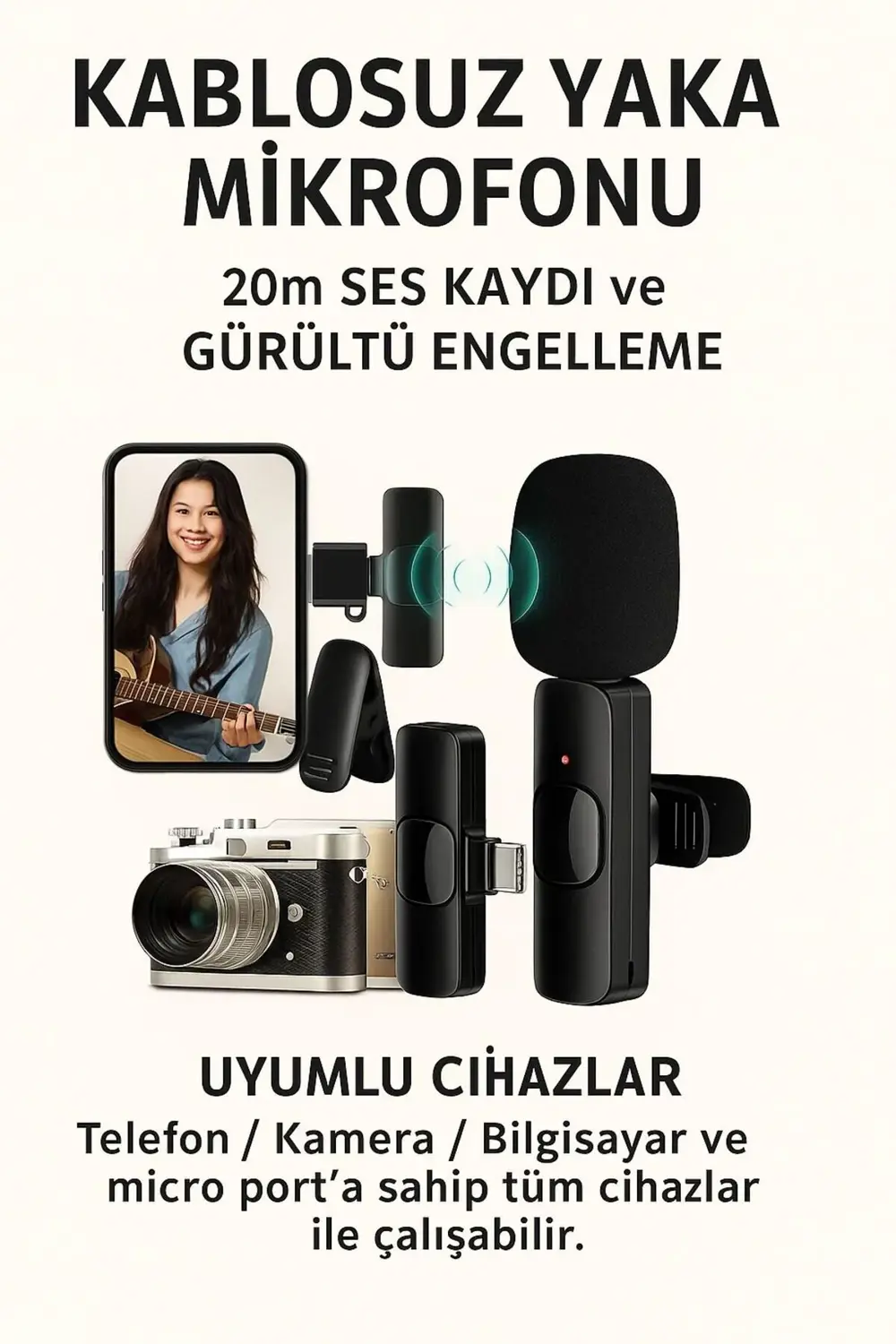 Kablosuz Yaka Mikrofonu – Gürültü Engelleyici, 20 Metre Menzilli