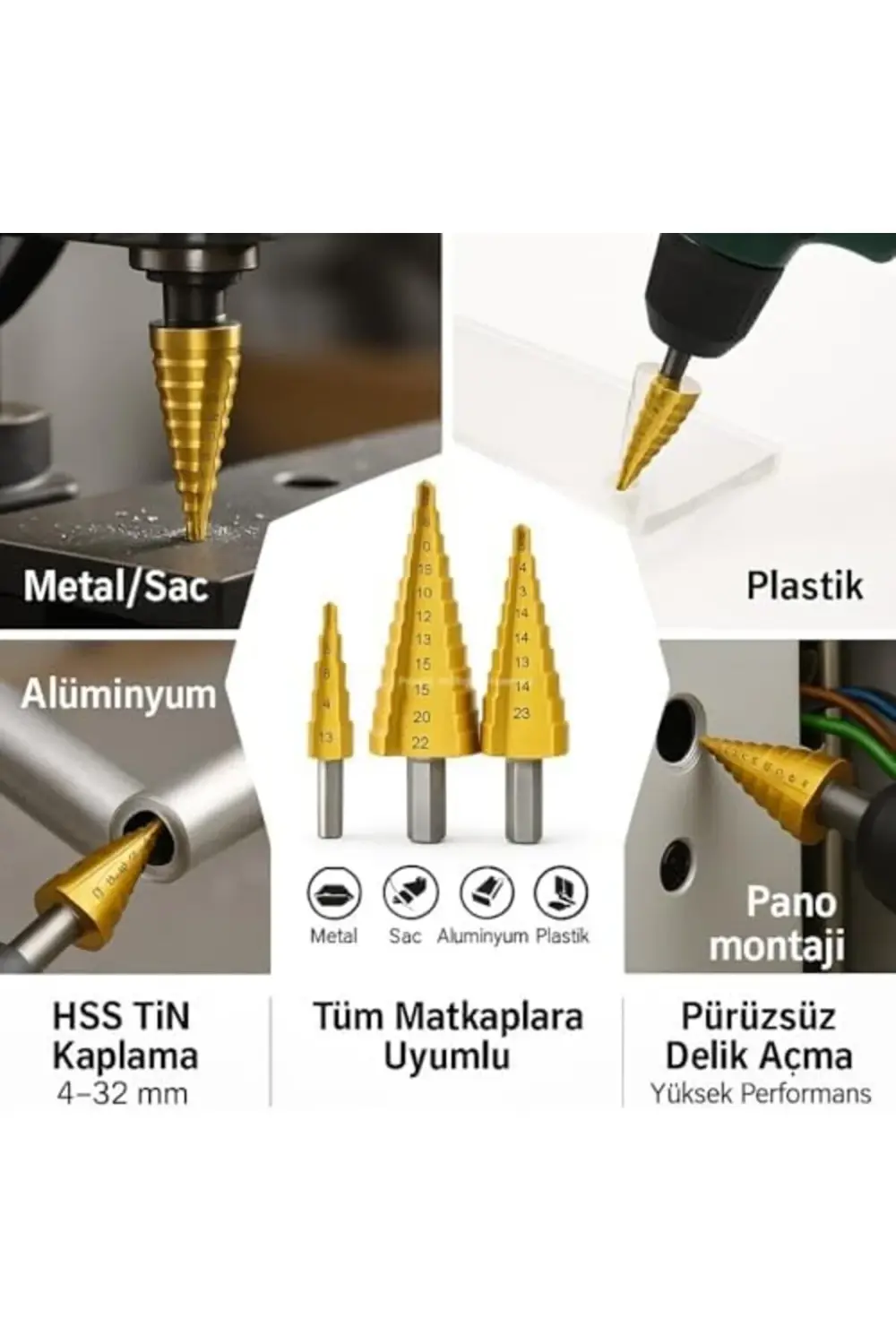 Kademeli Matkap Ucu Seti, 3'lü, HSS, Titanyum Nitrür Kaplamalı, 4