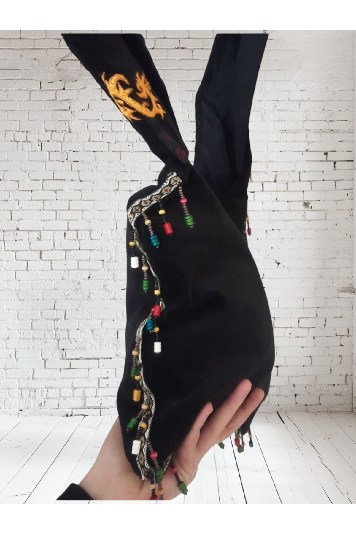 Ghostbusters Kadife - Boncuk Süslemeli Astarli Uzun Sapli Çanta