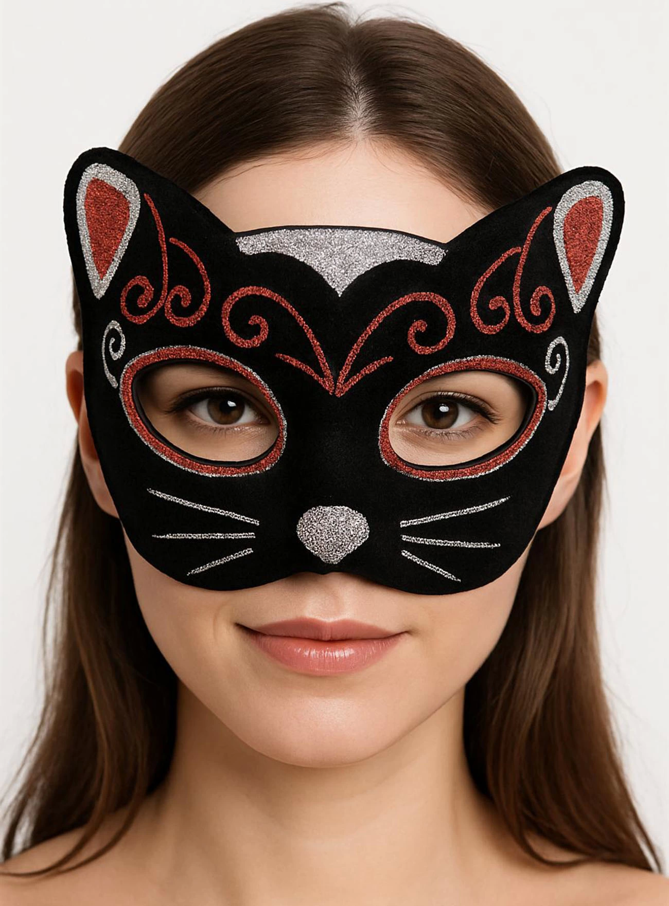 Kadife Dokulu Sim Detaylı Işıltılı Kedi Maskesi Kırmızı Gümüş 20x