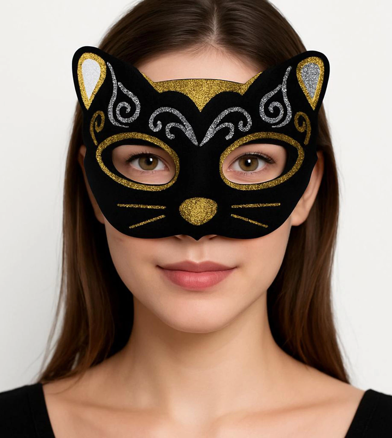 Kadife Dokulu Sim Detaylı Işıltılı Kedi Maskesi Altın Gümüş 20x13