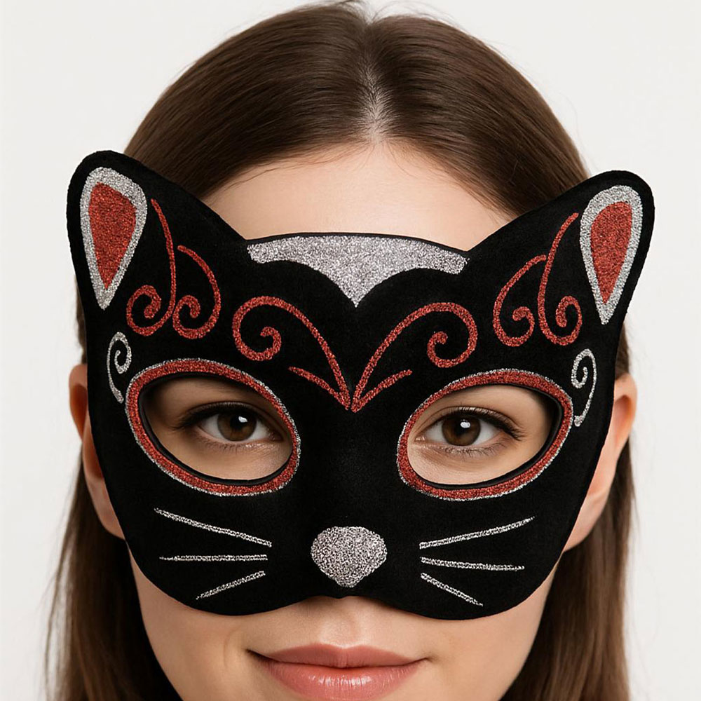 Kadife Dokulu Sim Detaylı Işıltılı Kedi Maskesi Kırmızı Gümüş 20x