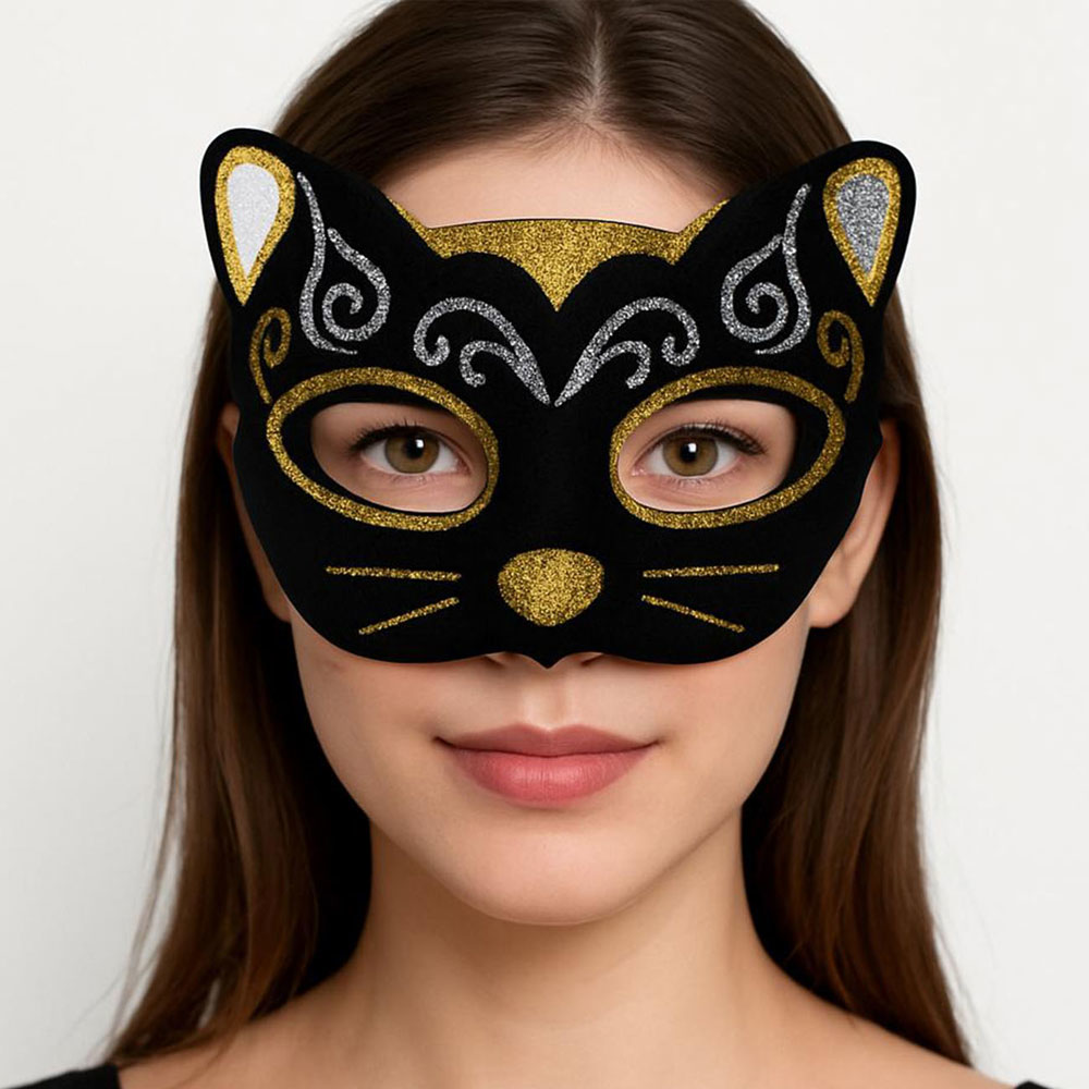 Kadife Dokulu Sim Detaylı Işıltılı Kedi Maskesi Altın Gümüş 20x13