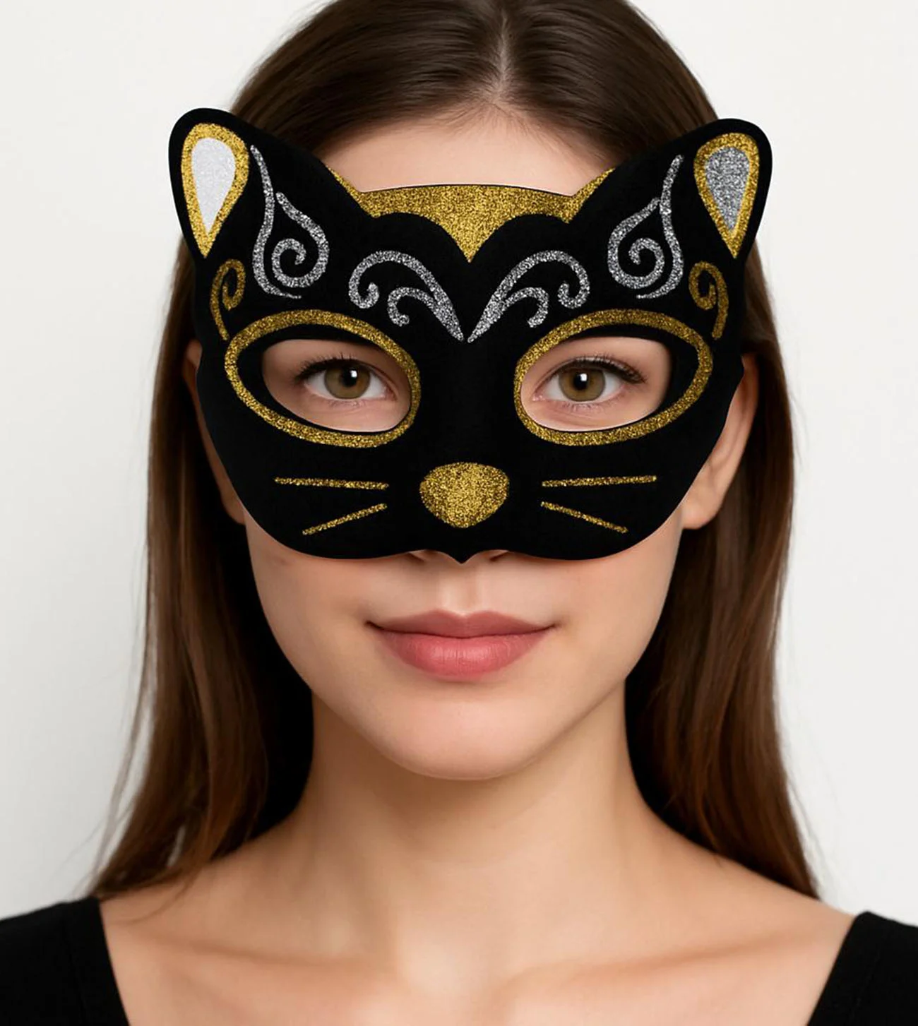 Kadife Dokulu Sim Detaylı Işıltılı Kedi Maskesi - Altın Gümüş 20x13 cm | Karnaval Maske