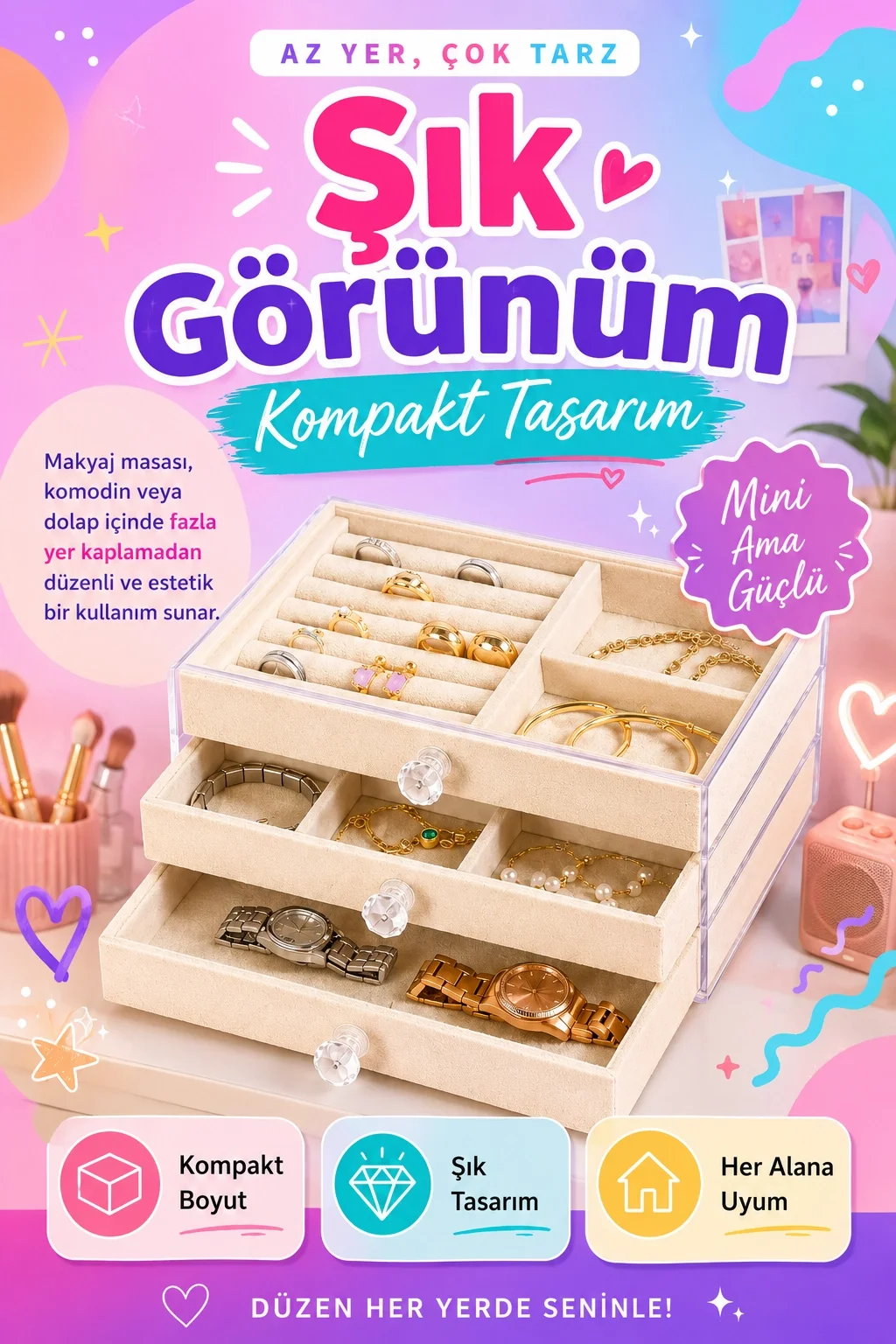 Kadife Kaplamalı Şeffaf Takı Kutusu Çekmeceli Saat Yüzük Kolye Organizeri