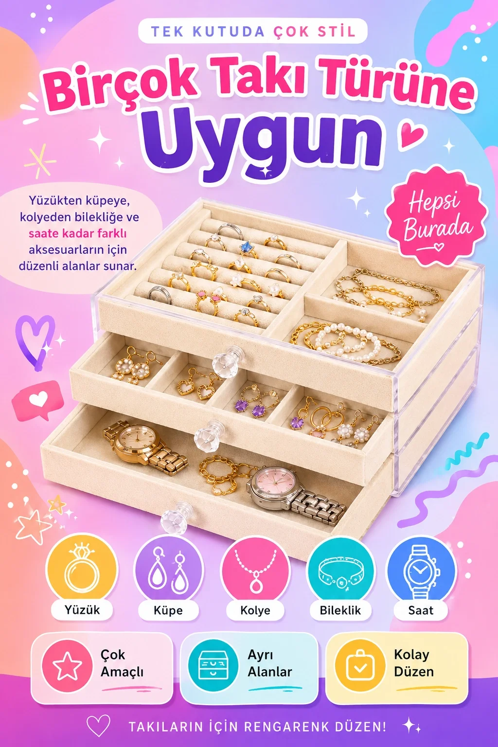 Kadife Kaplamalı Şeffaf Takı Kutusu Çekmeceli Saat Yüzük Kolye Organizeri