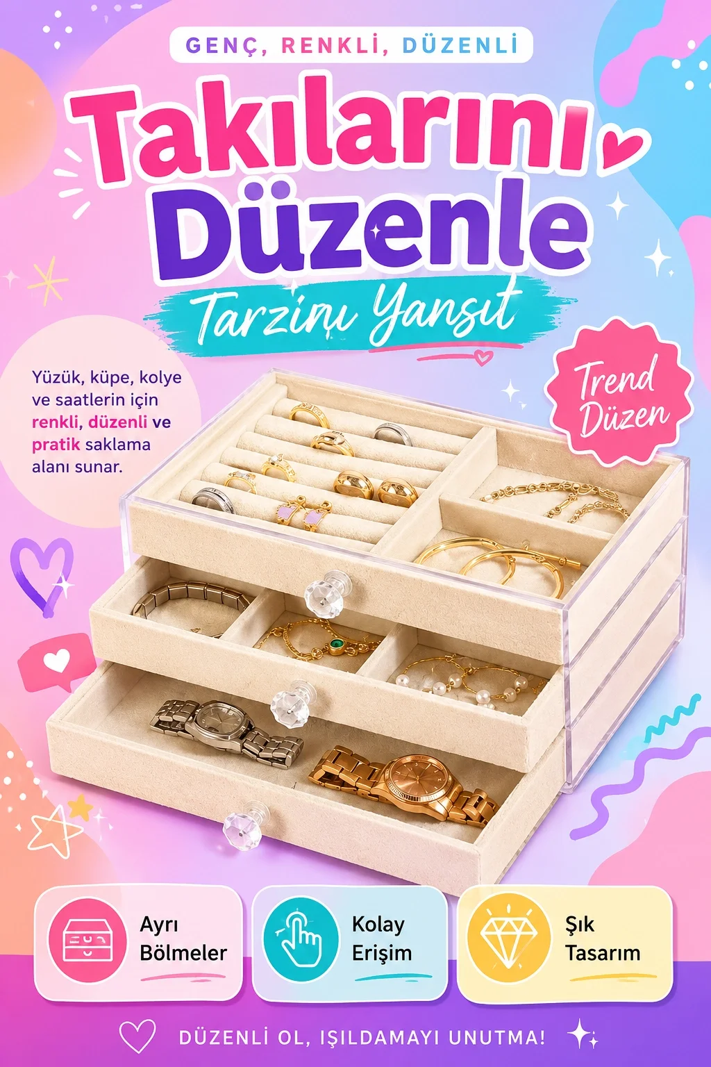 Kadife Kaplamalı Şeffaf Takı Kutusu Çekmeceli Saat Yüzük Kolye Organizeri