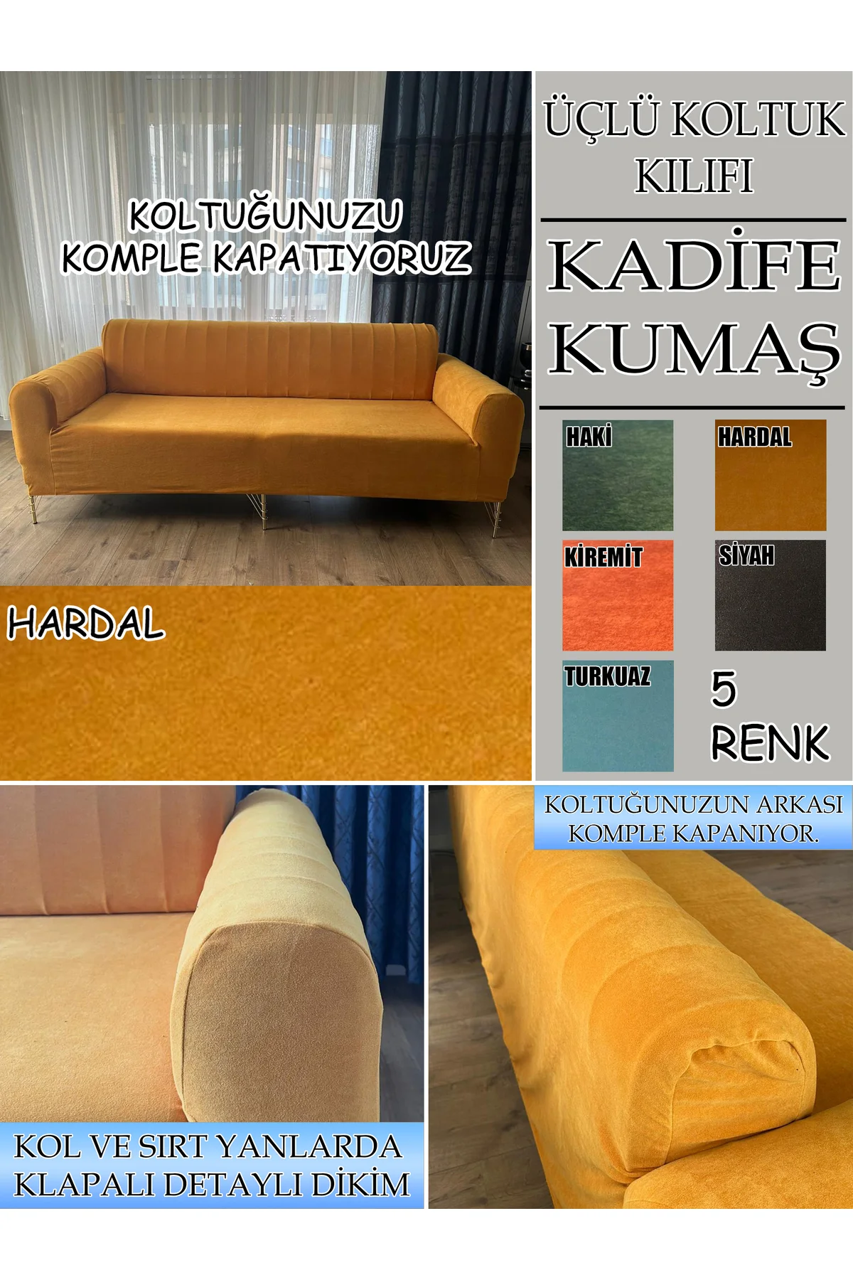 Kadife Kumaş 1 Adet Üçlü Koltuk Kılıfı, Komple Kaplama, Kadifenin
