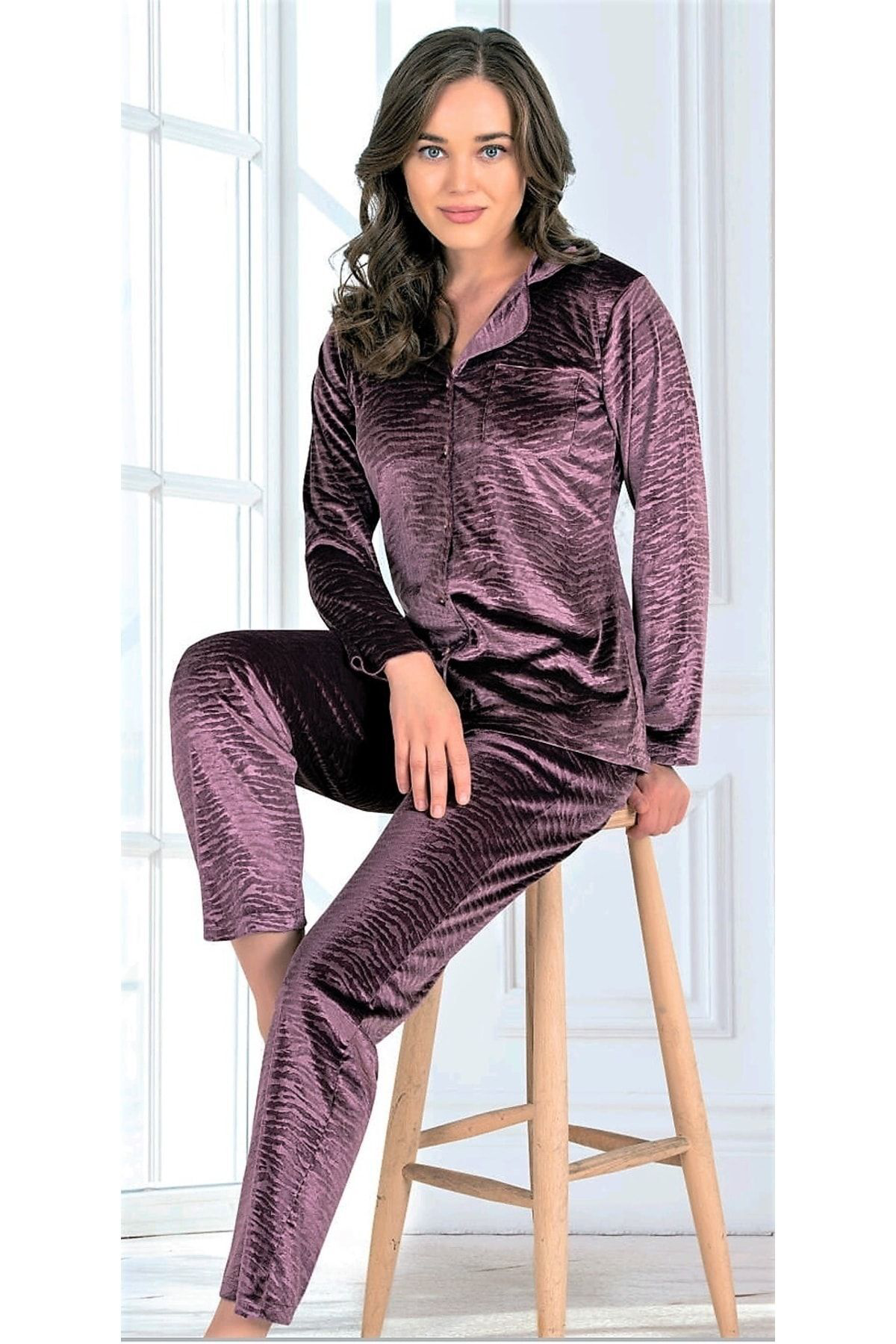 Kadife Pijama Takımı Boy Düğmeli Mor