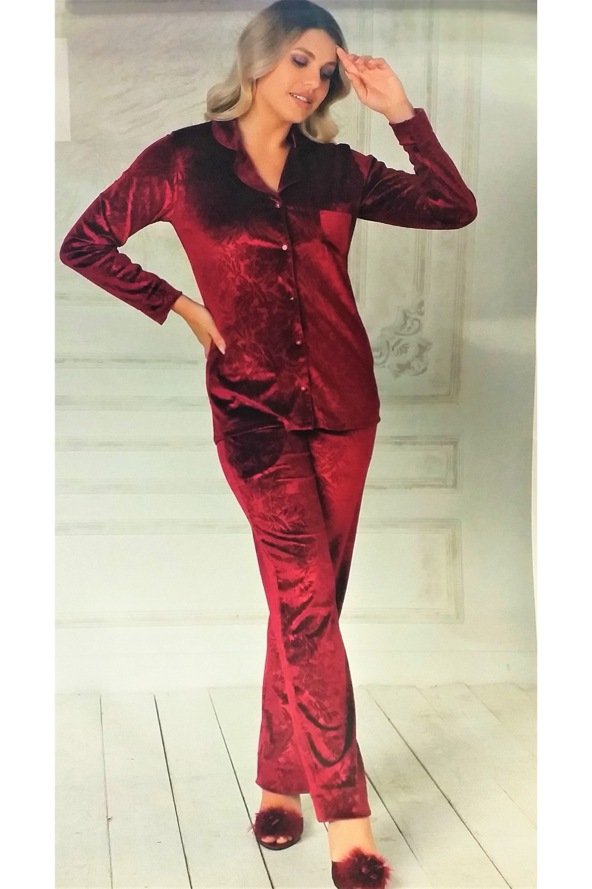 Kadife Pijama Takımı Boy Düğmeli Bordo