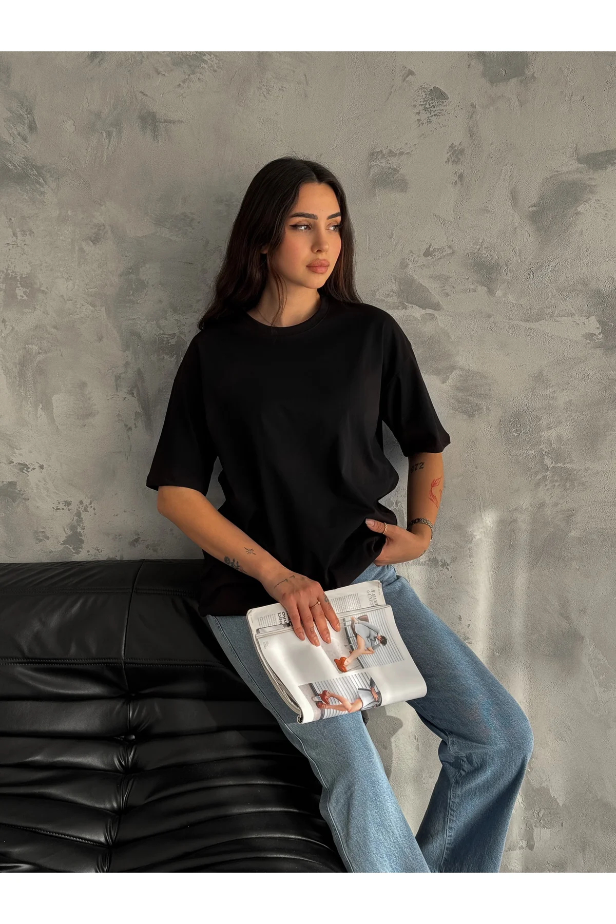 Kadın %100 Pamuk Boyfriend Geniş Kalıp Fit Bisiklet Yaka Örme Siy
