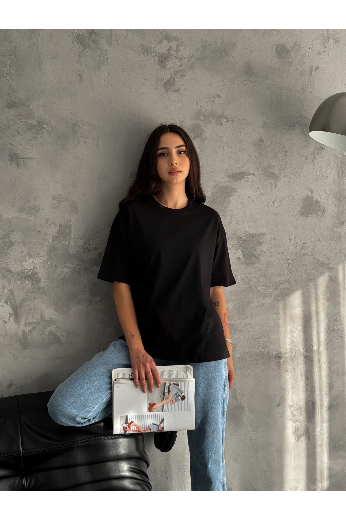 Kadın %100 Pamuk Boyfriend Geniş Kalıp Fit Bisiklet Yaka Örme Siy