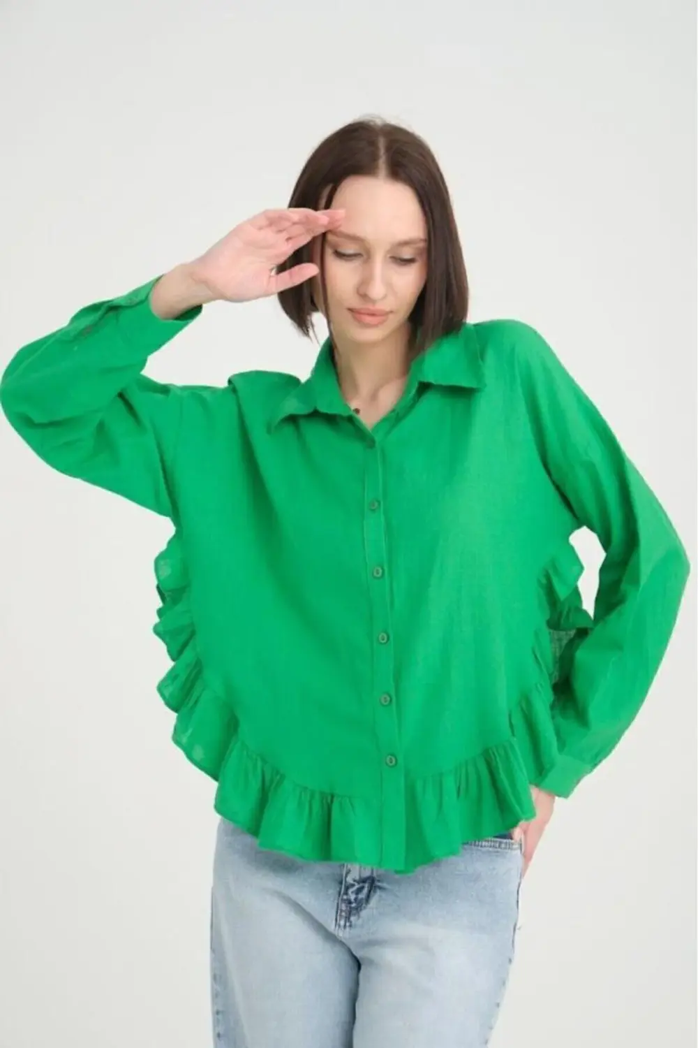 Kadın % 100 Pamuk Flam Vual Kumaş Yeşil Uzun Kol Eteği Fırfırlı S