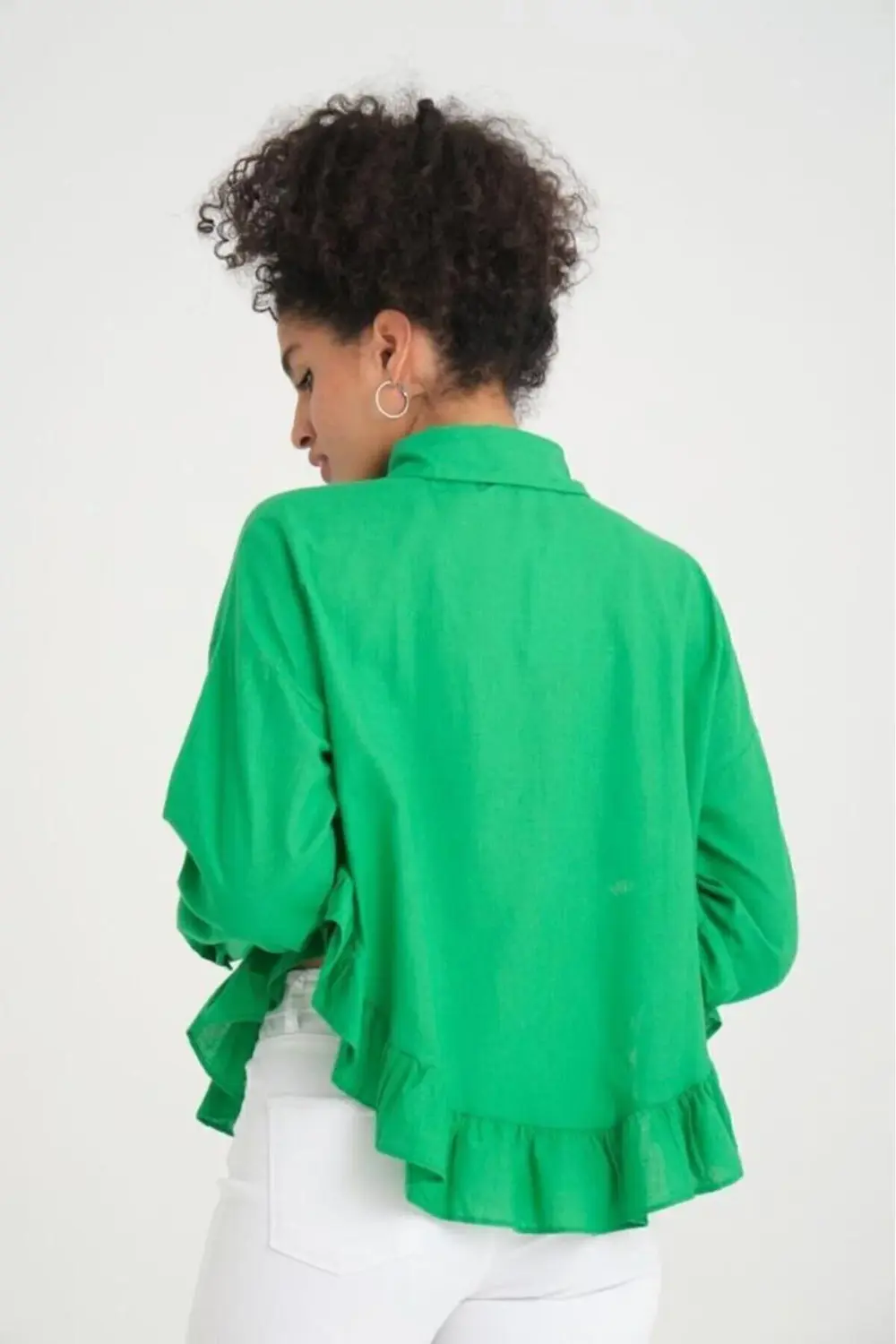 Kadın % 100 Pamuk Flam Vual Kumaş Yeşil Uzun Kol Eteği Fırfırlı S