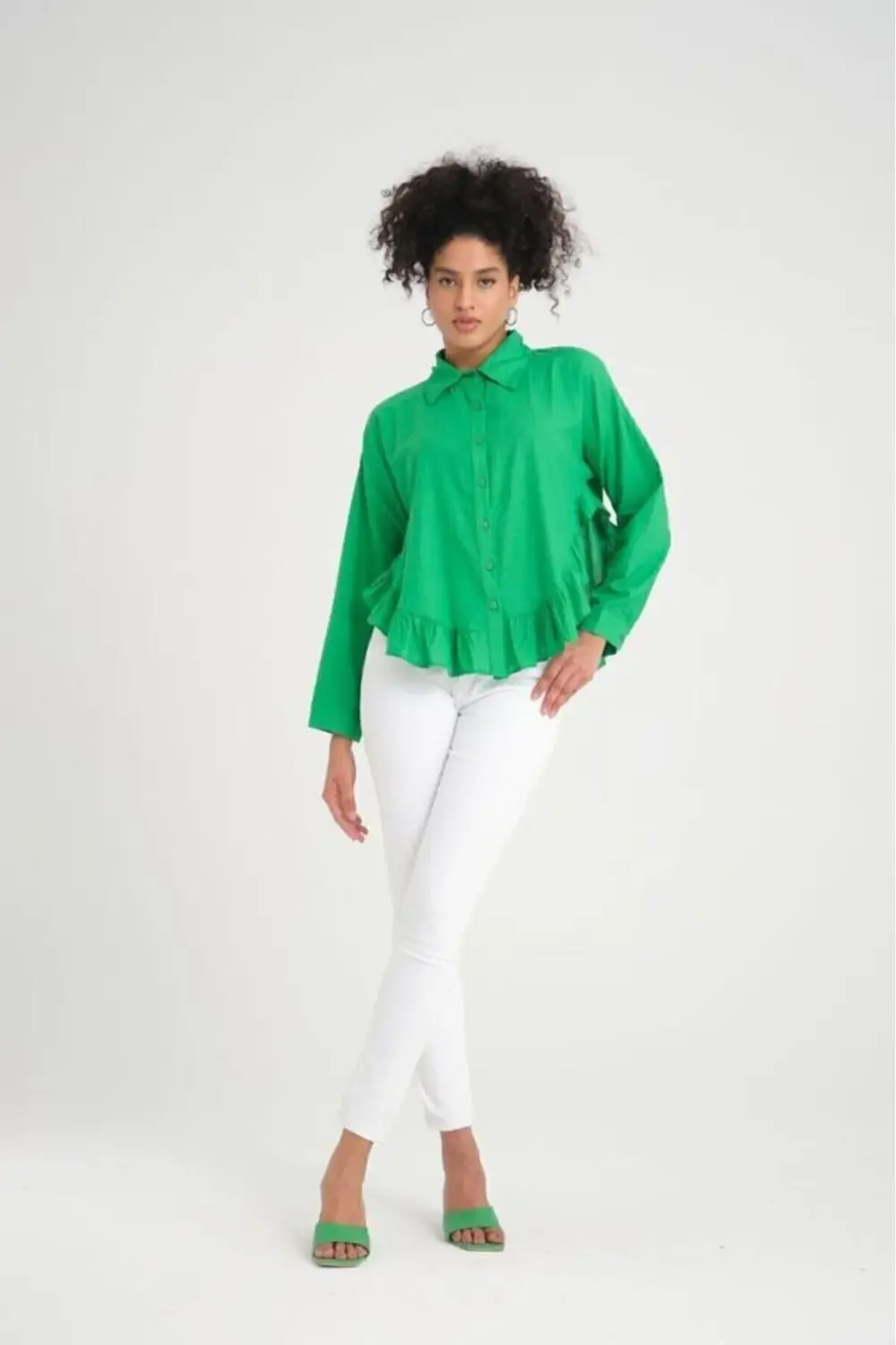 Kadın % 100 Pamuk Flam Vual Kumaş Yeşil Uzun Kol Eteği Fırfırlı S