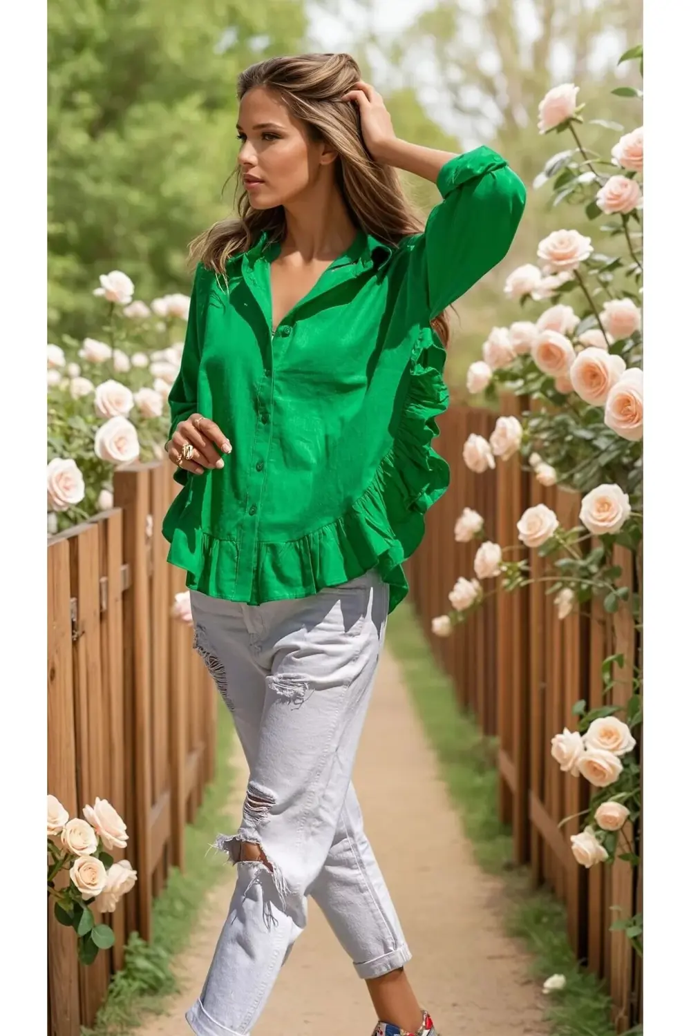 Kadın % 100 Pamuk Flam Vual Kumaş Yeşil Uzun Kol Eteği Fırfırlı S