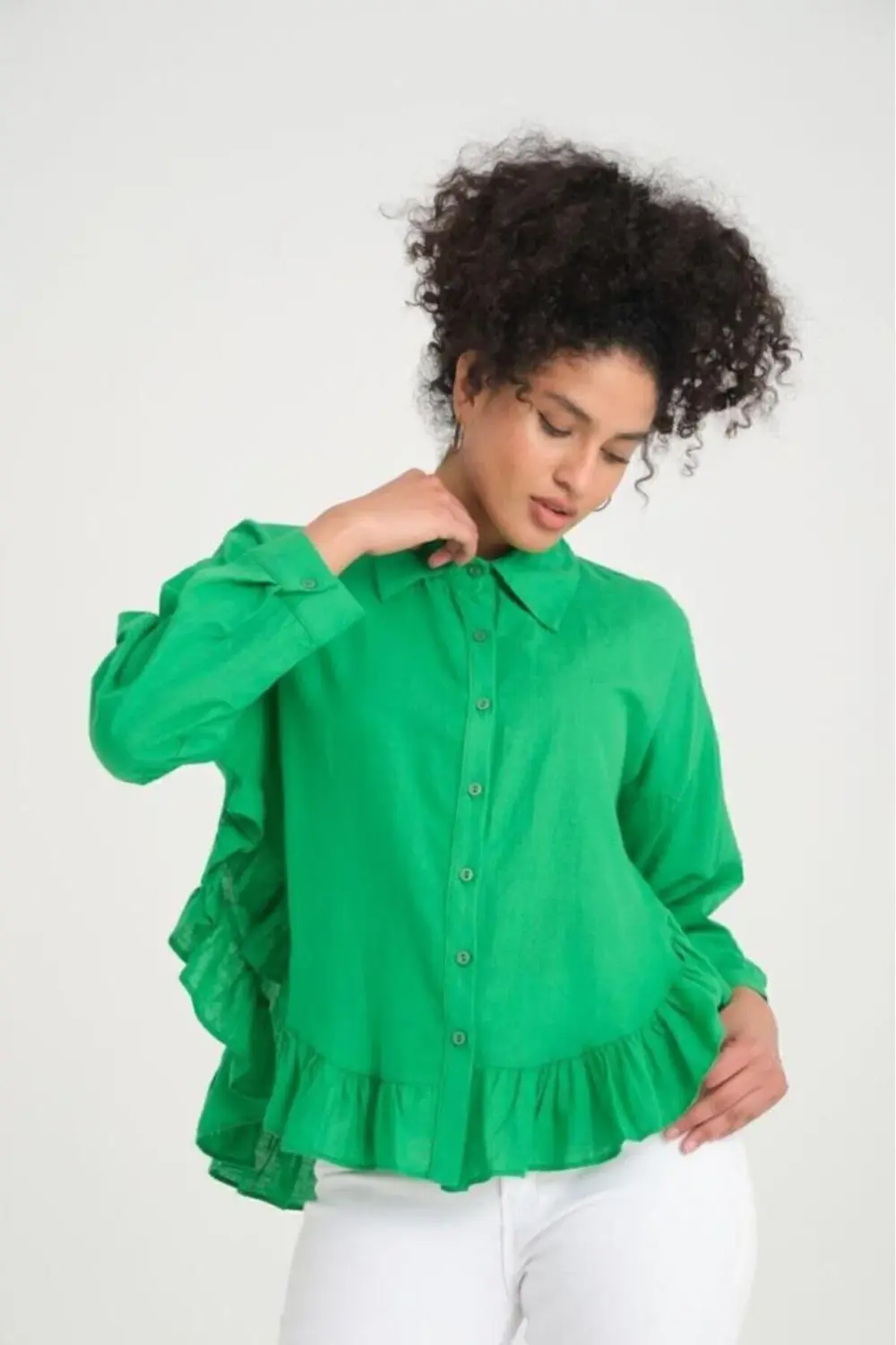 Kadın % 100 Pamuk Flam Vual Kumaş Yeşil Uzun Kol Eteği Fırfırlı S