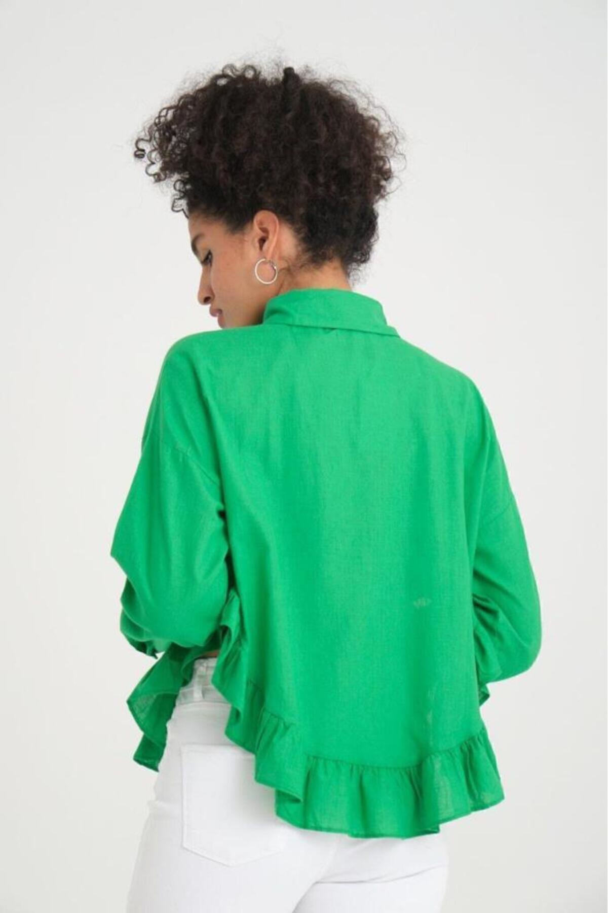 Yıldızistan Kadın % 100 Pamuk Flam Vual Kumaş Yeşil Uzun Kol Eteği Fırfırlı S