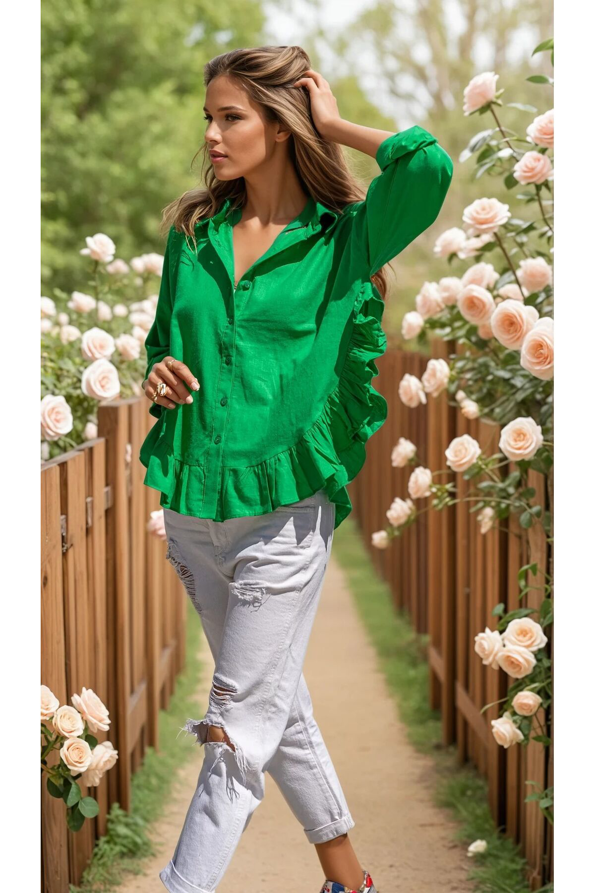 Yıldızistan Kadın % 100 Pamuk Flam Vual Kumaş Yeşil Uzun Kol Eteği Fırfırlı S