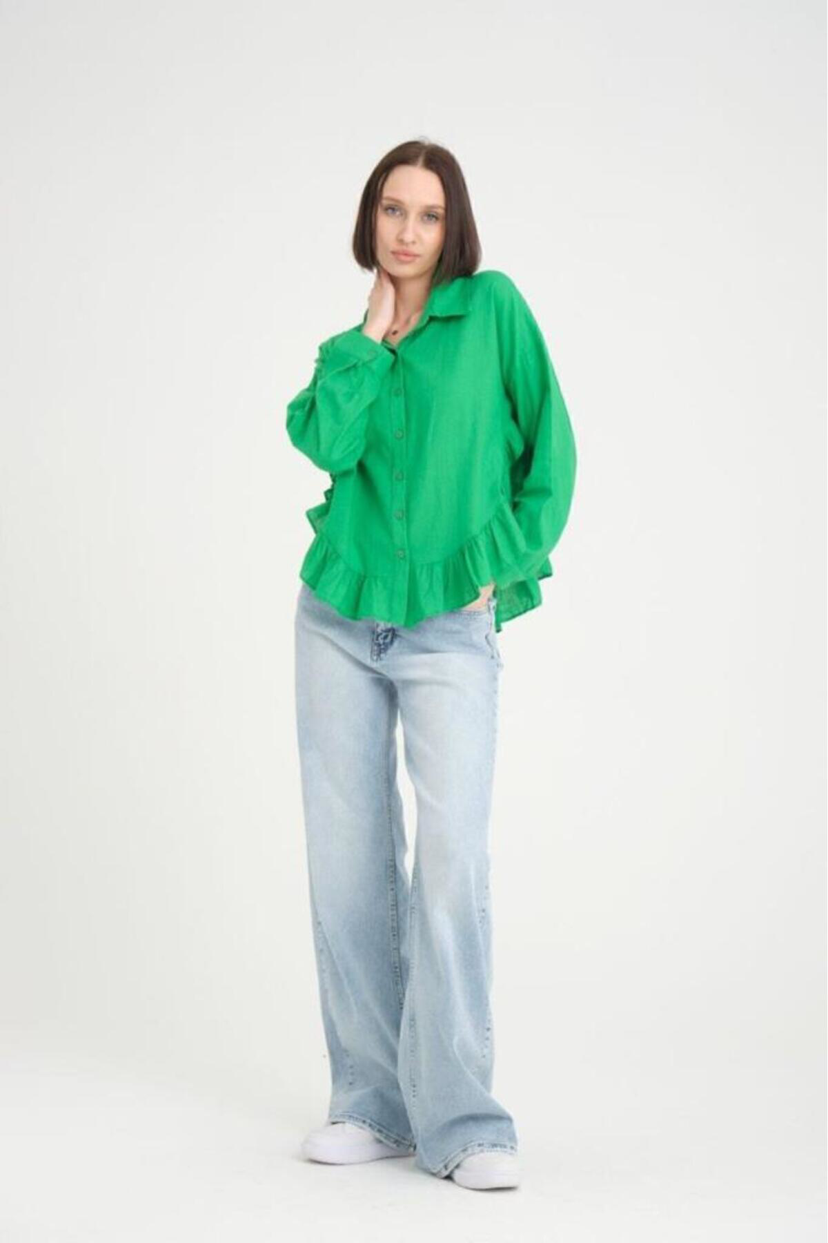 Yıldızistan Kadın % 100 Pamuk Flam Vual Kumaş Yeşil Uzun Kol Eteği Fırfırlı S