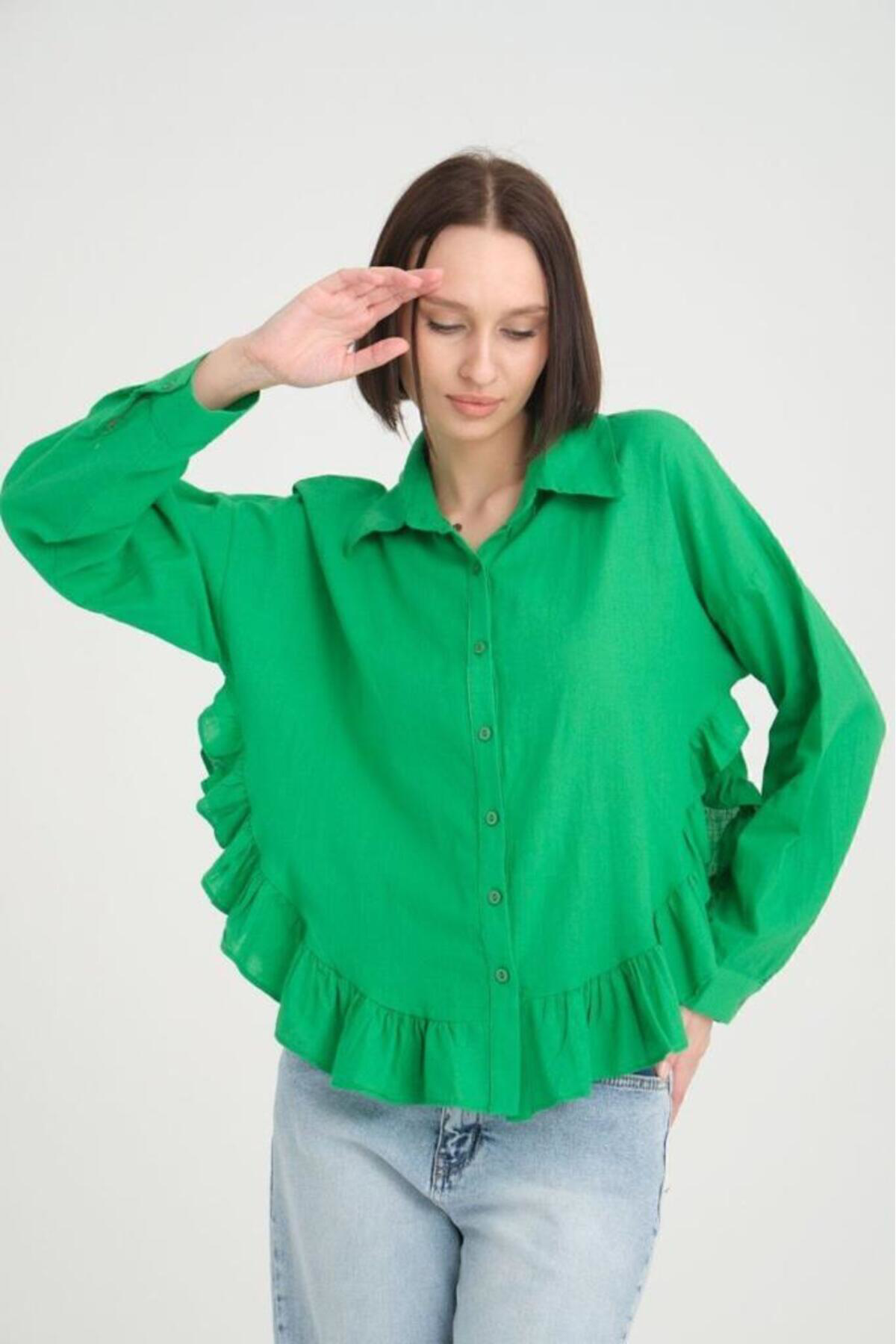 Yıldızistan Kadın % 100 Pamuk Flam Vual Kumaş Yeşil Uzun Kol Eteği Fırfırlı S