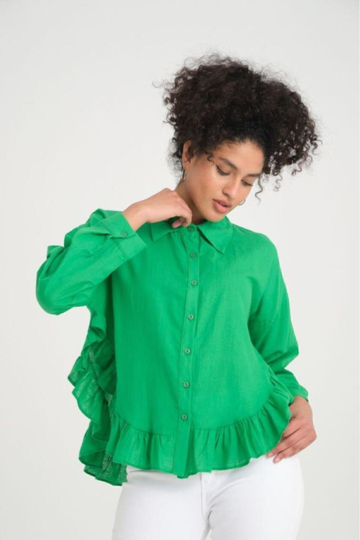 Yıldızistan Kadın % 100 Pamuk Flam Vual Kumaş Yeşil Uzun Kol Eteği Fırfırlı S