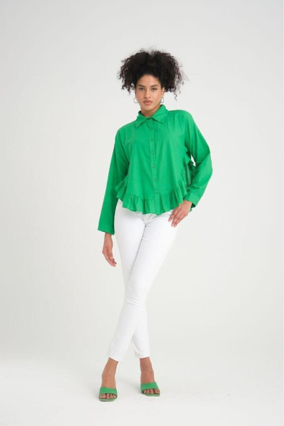 Yıldızistan Kadın % 100 Pamuk Flam Vual Kumaş Yeşil Uzun Kol Eteği Fırfırlı S