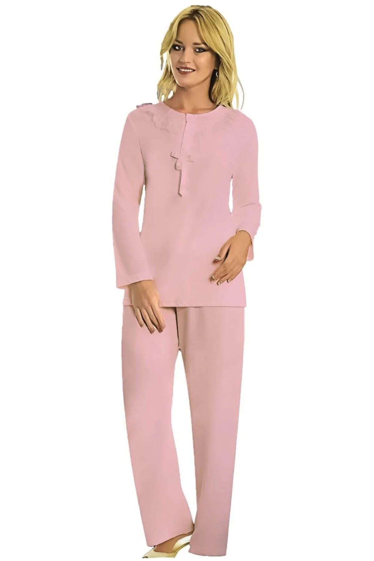 Kadın %100 Pamuk Kışlık Güpür Detaylı Pijama Takımı Pembe