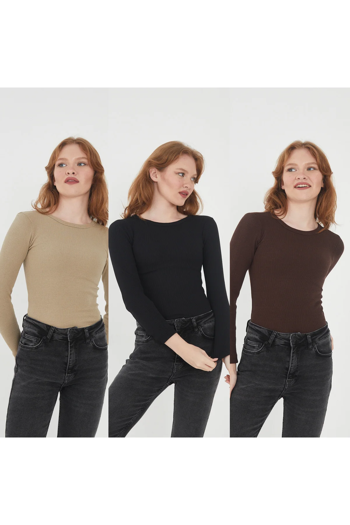 Kadın %100 PAMUKLU 3'lü Bisiklet Yaka Uzun Kollu Fitilli Bluz Set