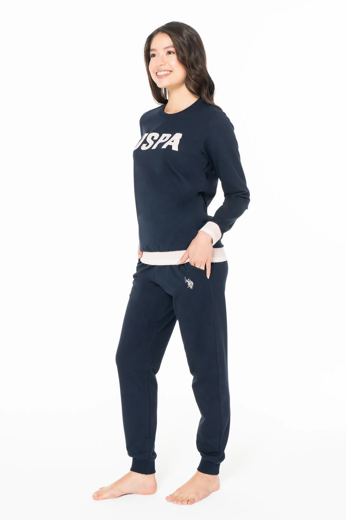 Kadın 2 İplik Kışlık USPA Yazılı Ev Giyim Pijama Takım, Dar Paça, Cepli-LACİVERT-L