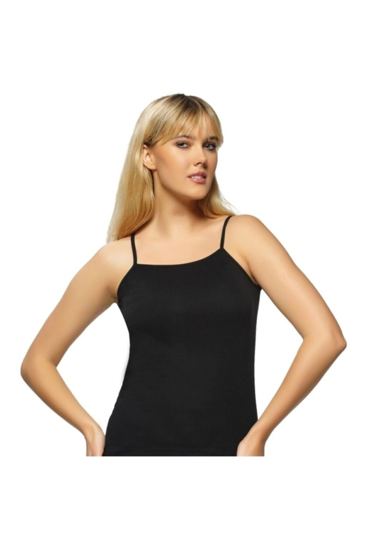 Kadın 2 Li Siyah Ip Askılı Likaralı Düz Biyeli Atlet 4047