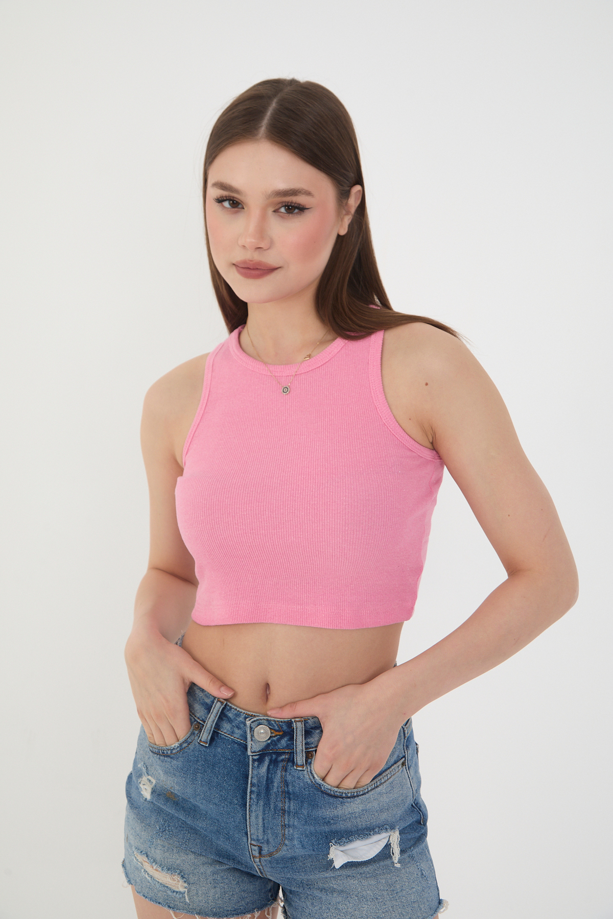 Kadın 2'li Adet Fitilli PAMUKLU Örme Kaşkorse Crop Bluz Atlet