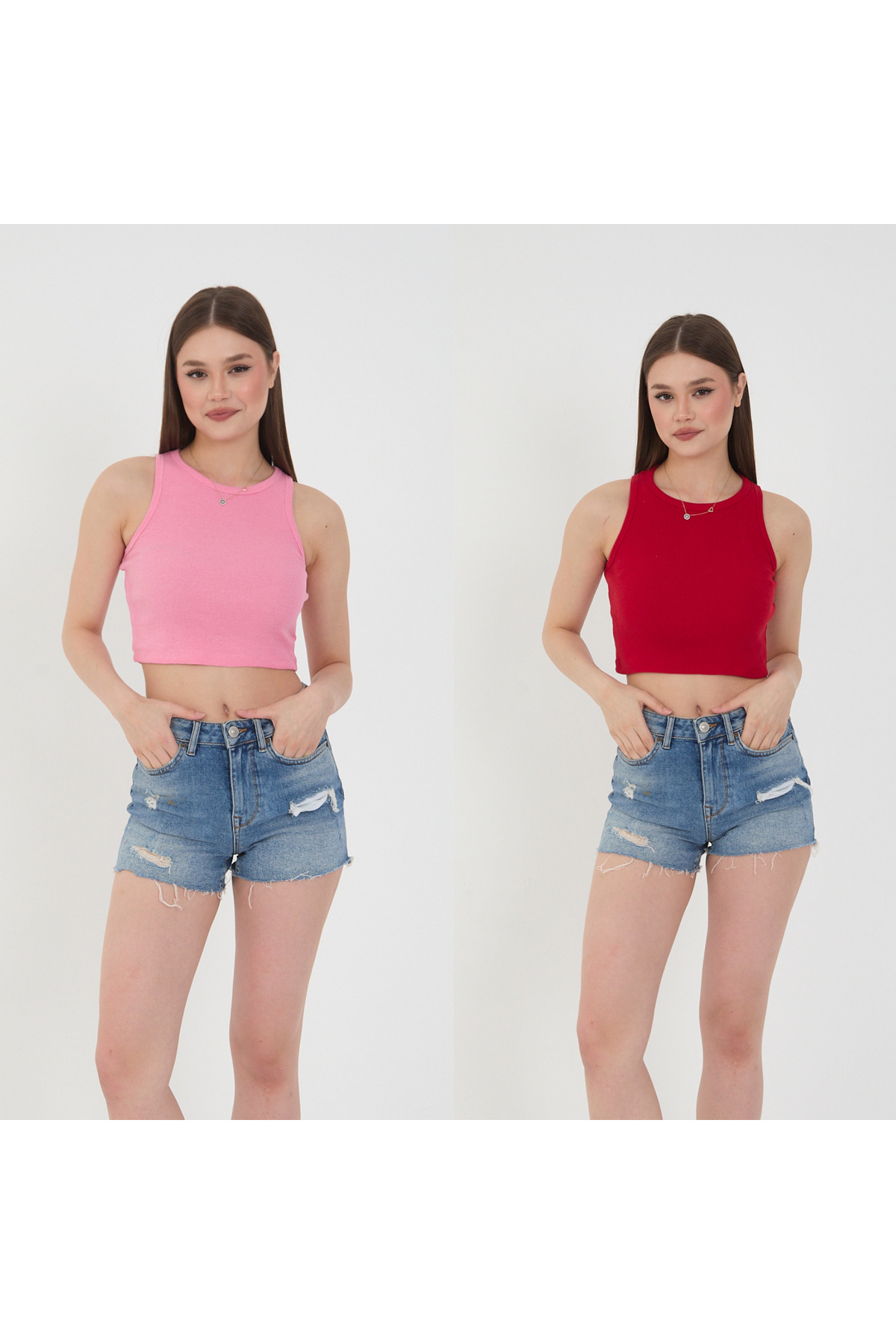 Kadın 2'li Adet Fitilli PAMUKLU Örme Kaşkorse Crop Bluz Atlet