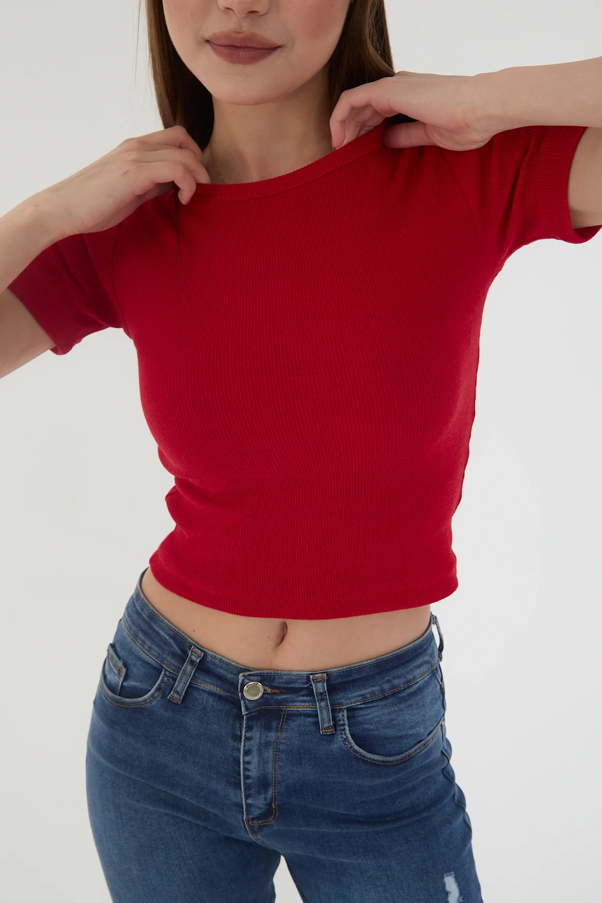 Kadın 2'li Kısa Kollu Fitilli Bisiklet Yaka Pamuklu Örme Kaşkorse Crop T-Shirt Bluz Kadın 2'li Kısa Kollu Fitilli Bisiklet Yaka Pamuklu Örme Kaşkorse Crop T-Shirt Bluz