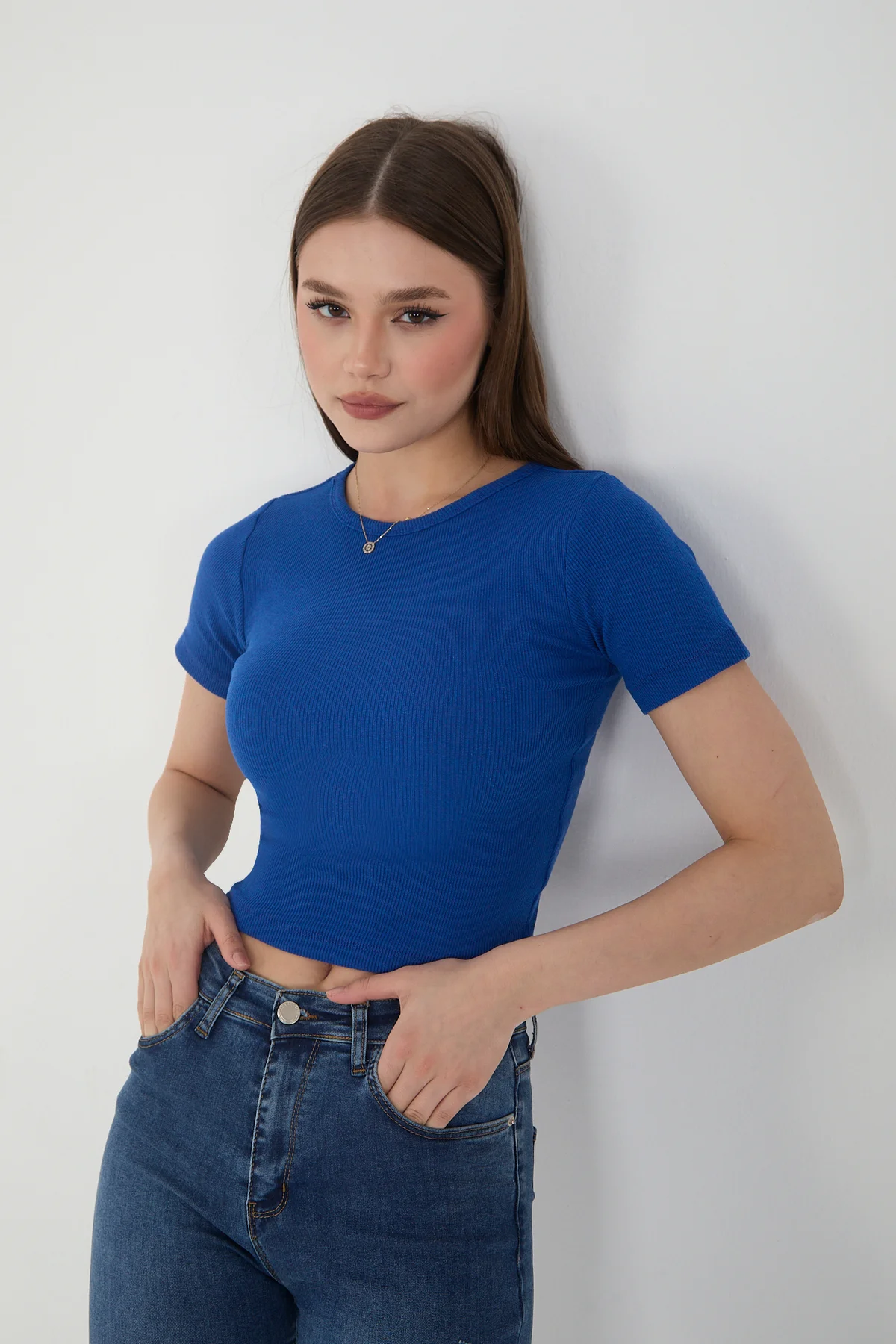 Kadın 2'li Kısa Kollu Fitilli Bisiklet Yaka Pamuklu Örme Kaşkorse Crop T-Shirt Bluz Kadın 2'li Kısa Kollu Fitilli Bisiklet Yaka Pamuklu Örme Kaşkorse Crop T-Shirt Bluz
