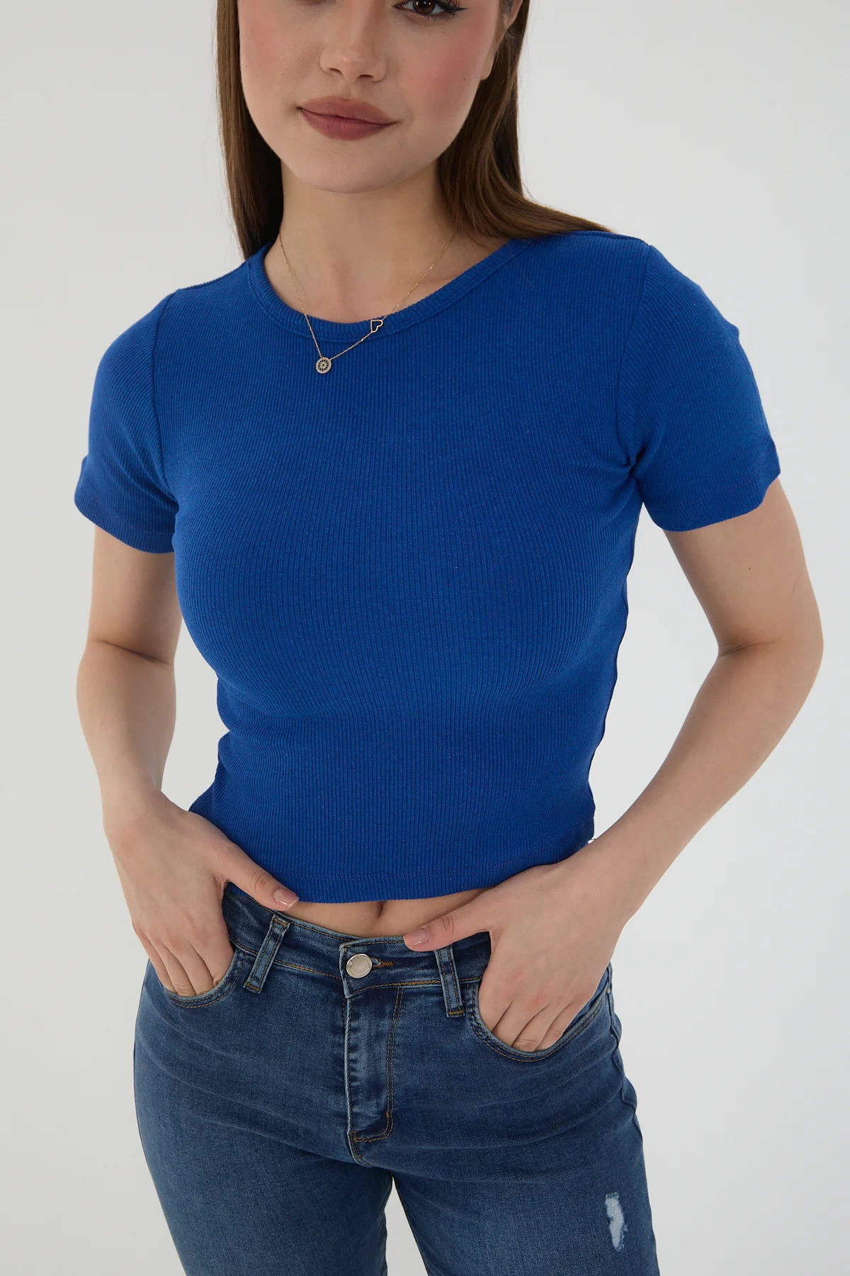 Kadın 2'li Kısa Kollu Fitilli Bisiklet Yaka Pamuklu Örme Kaşkorse Crop T-Shirt Bluz Kadın 2'li Kısa Kollu Fitilli Bisiklet Yaka Pamuklu Örme Kaşkorse Crop T-Shirt Bluz