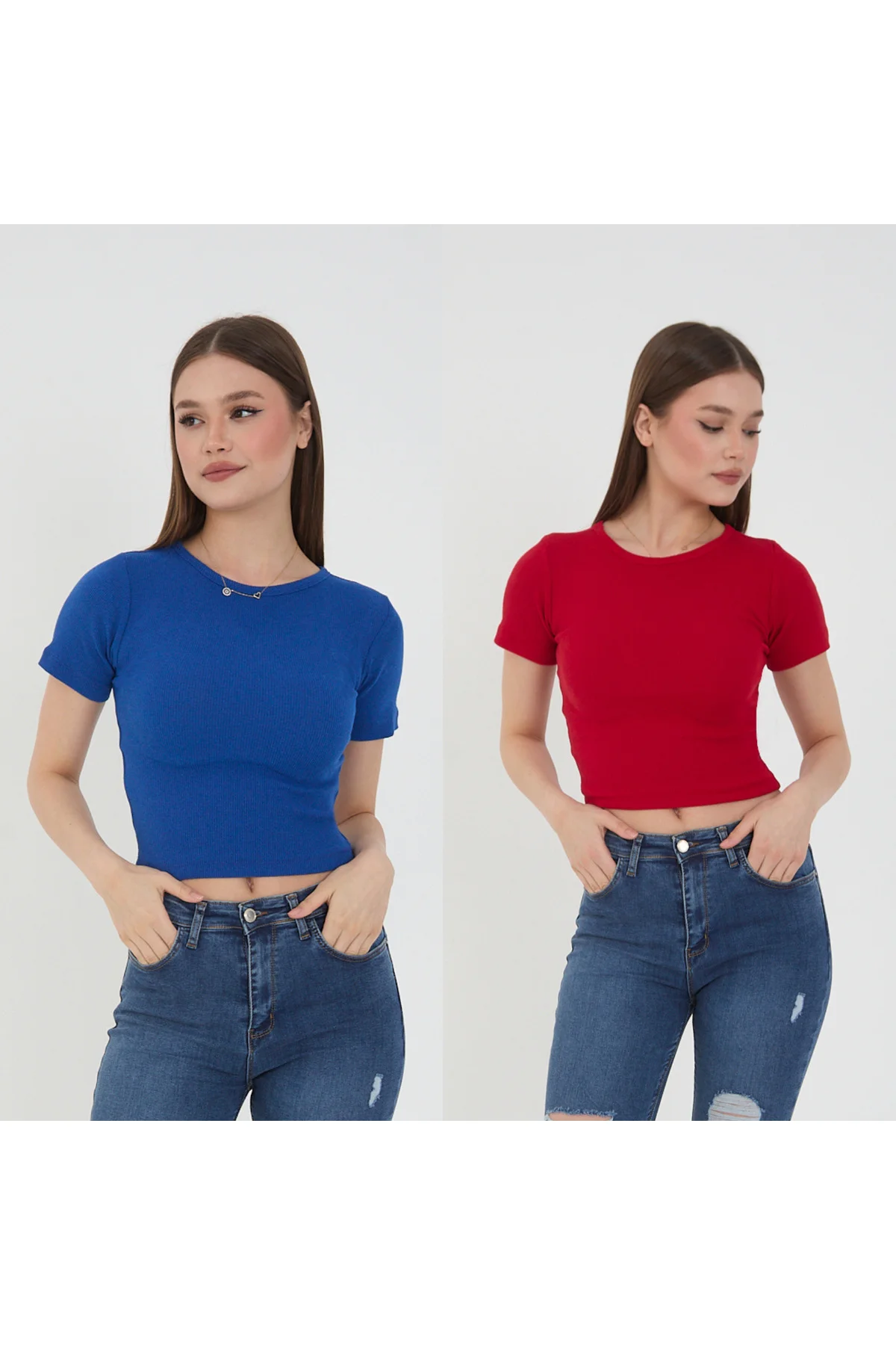 Kadın 2'li Kısa Kollu Fitilli Bisiklet Yaka Pamuklu Örme Kaşkorse Crop T-Shirt Bluz Kadın 2'li Kısa Kollu Fitilli Bisiklet Yaka Pamuklu Örme Kaşkorse Crop T-Shirt Bluz