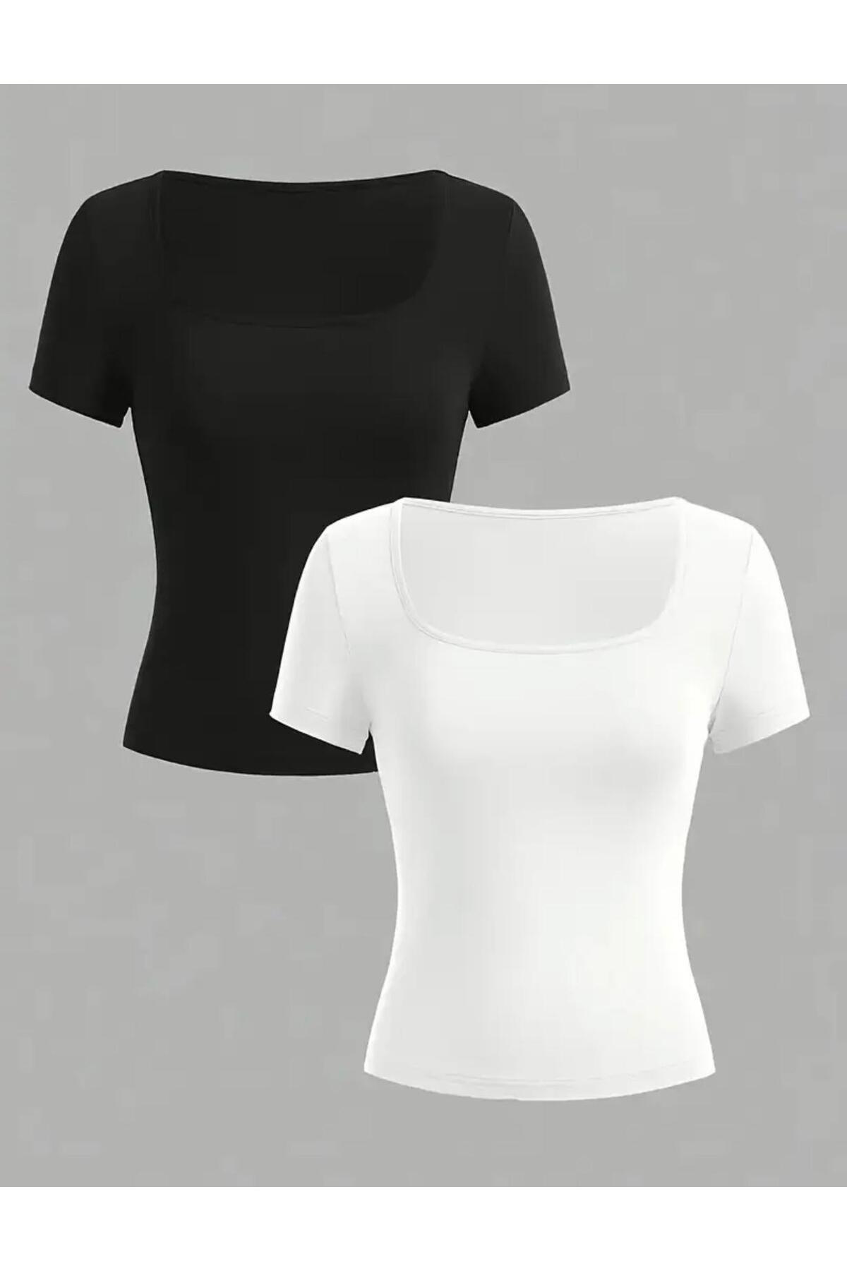 Kadın 2'li Set Siyah-Beyaz Kare Yaka Bluz & T-Shirt, Fitilli Likr