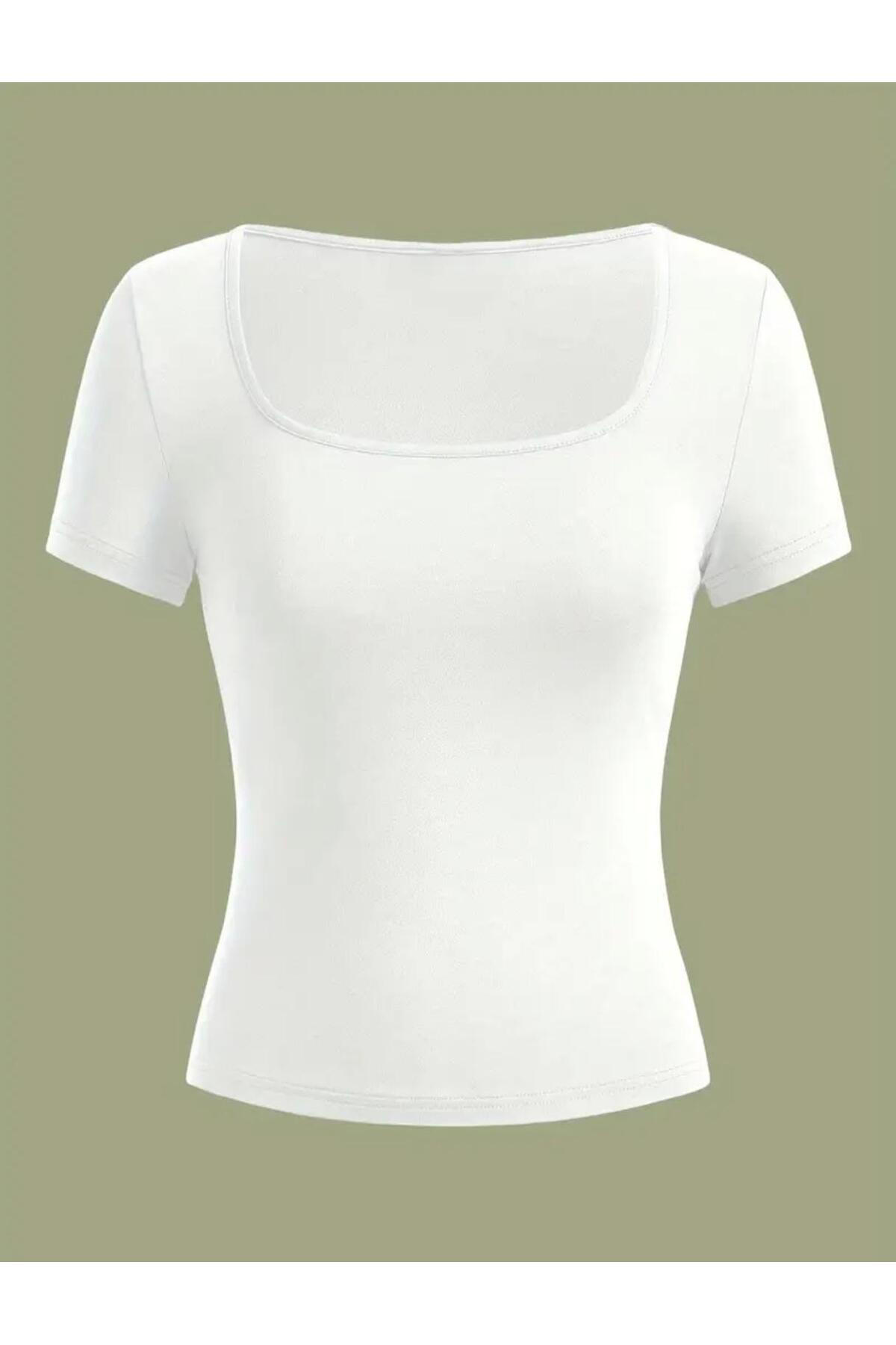 Kadın 2'li Set Siyah-Beyaz Kare Yaka Bluz & T-Shirt, Fitilli Likr