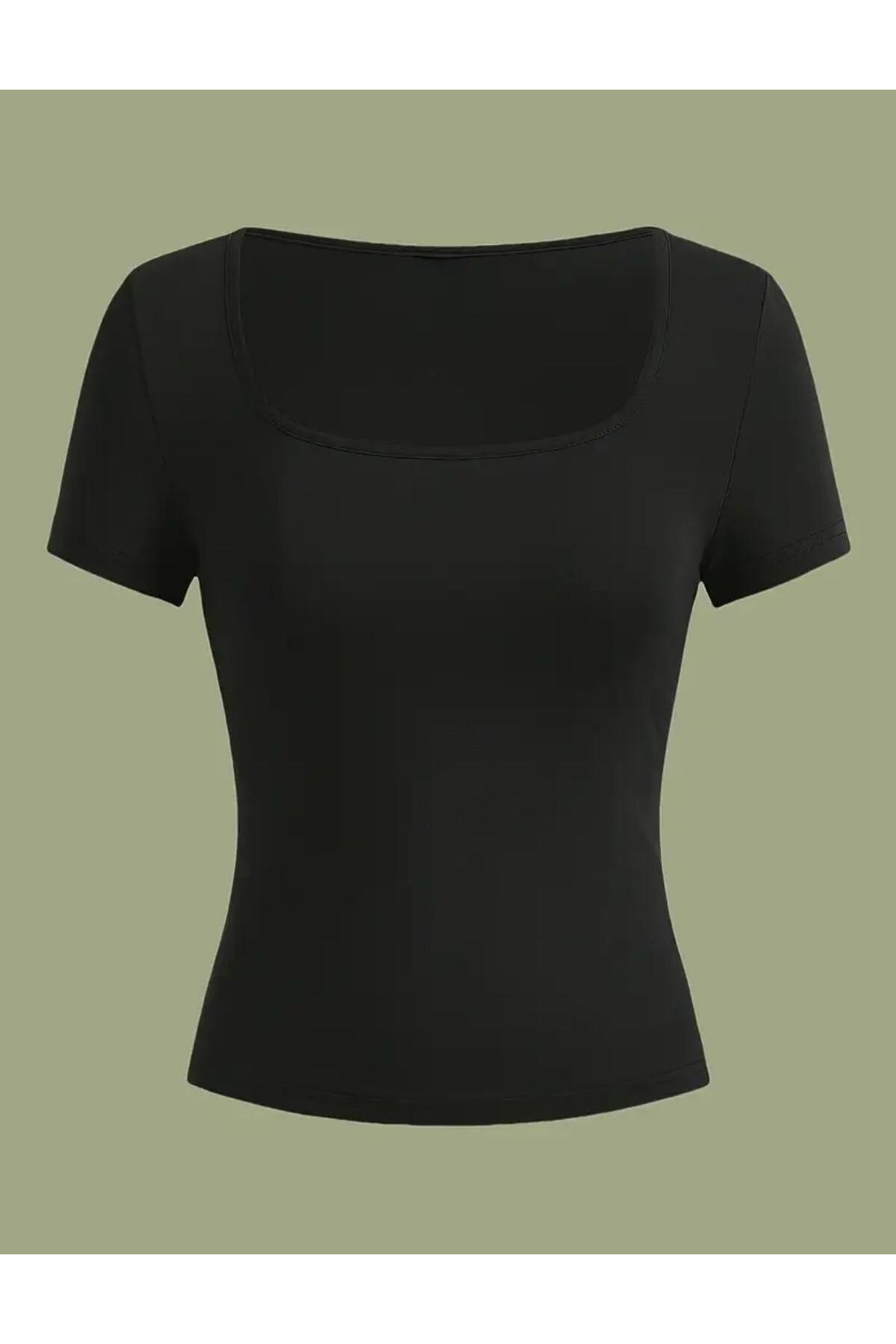 Kadın 2'li Set Siyah-Beyaz Kare Yaka Bluz & T-Shirt, Fitilli Likr