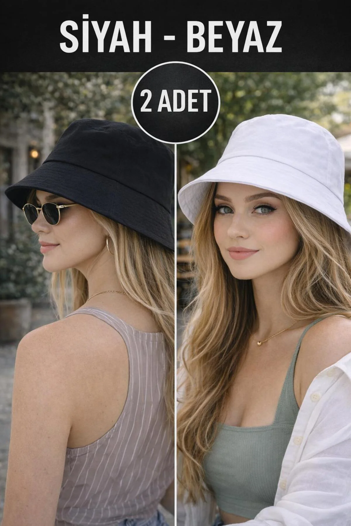 Kadın 2'li Set Siyah ve Beyaz Bucket Şapka, Kova Şapka, Trend Yaz