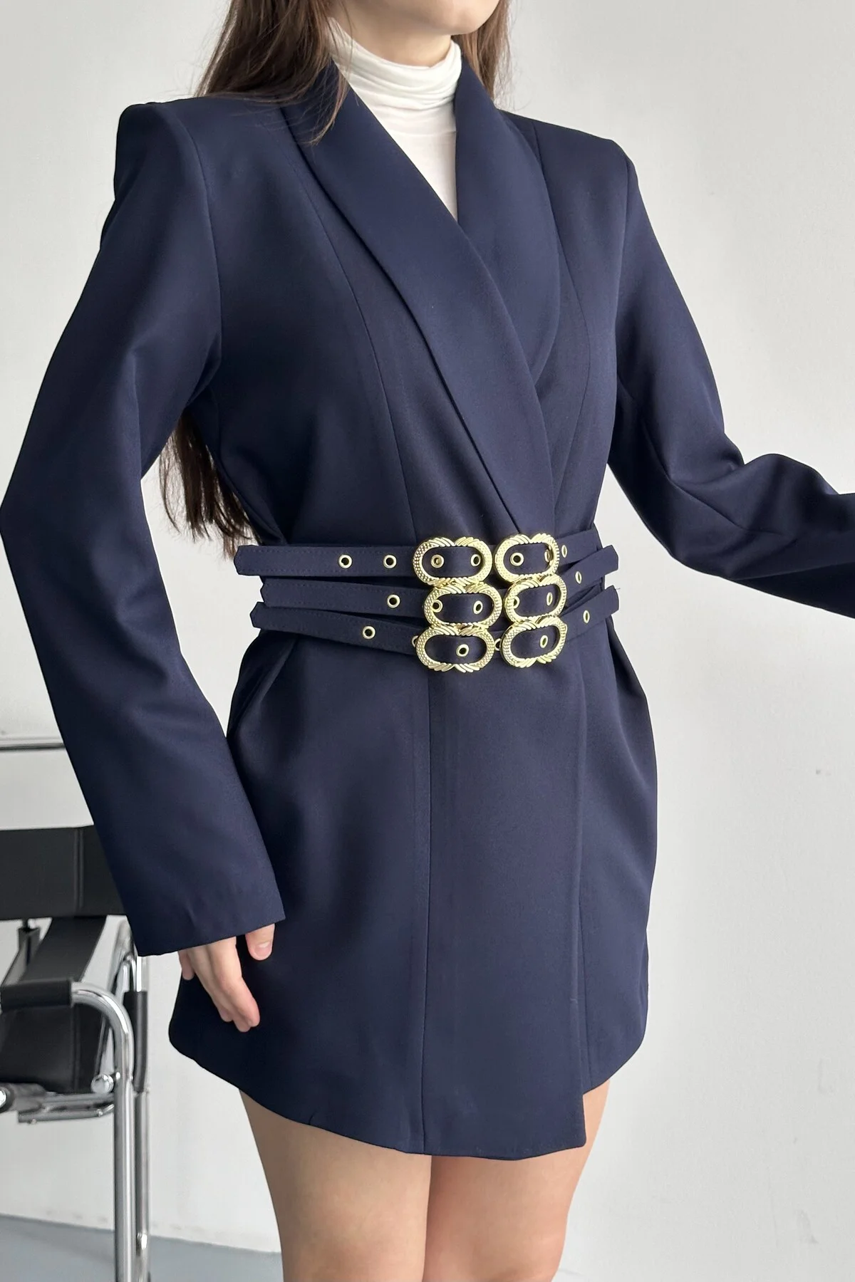 Kadın 3 Kemerli Blazer Ceket Gold Tokalı Kruvaze Kesim
