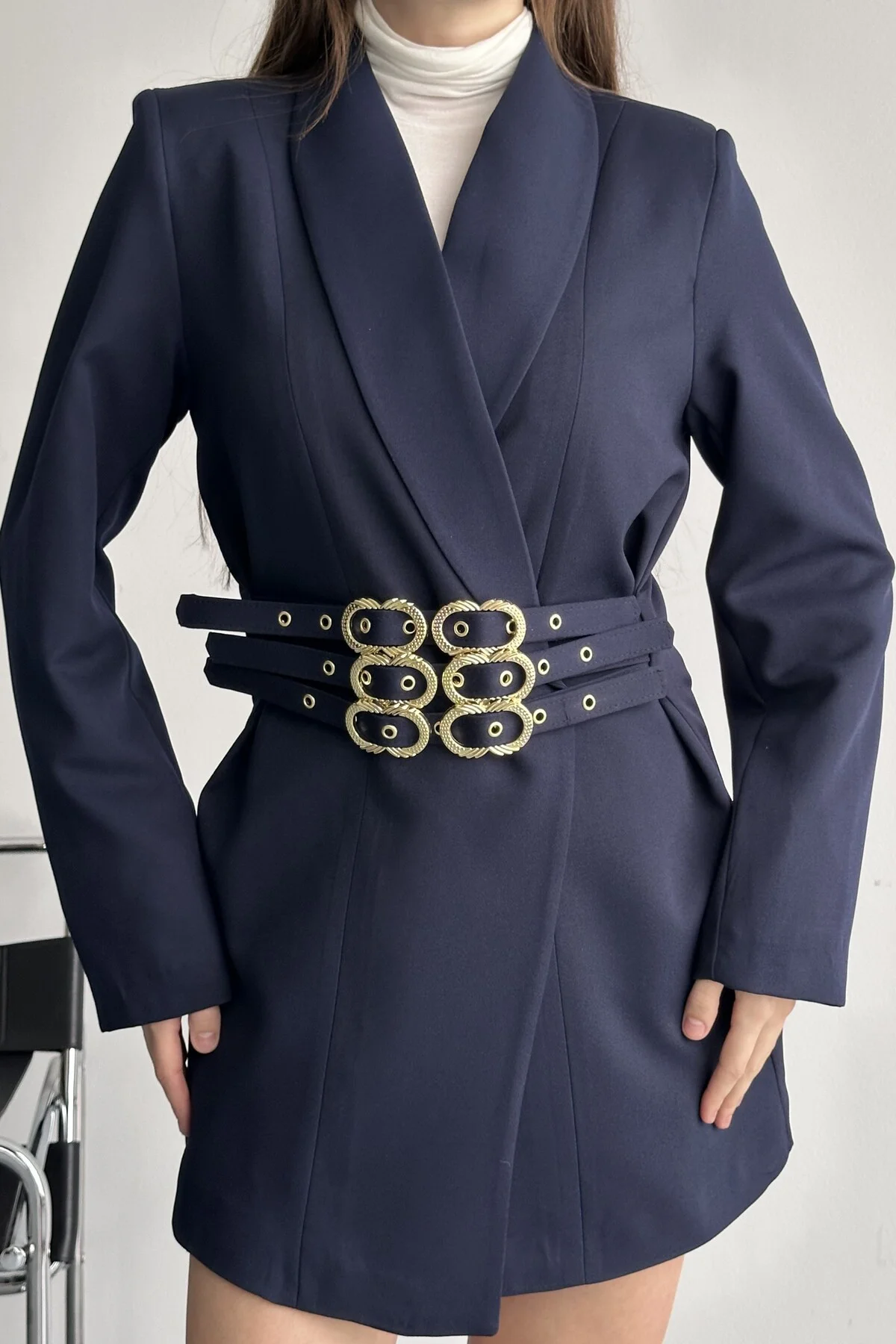 Kadın 3 Kemerli Blazer Ceket Gold Tokalı Kruvaze Kesim