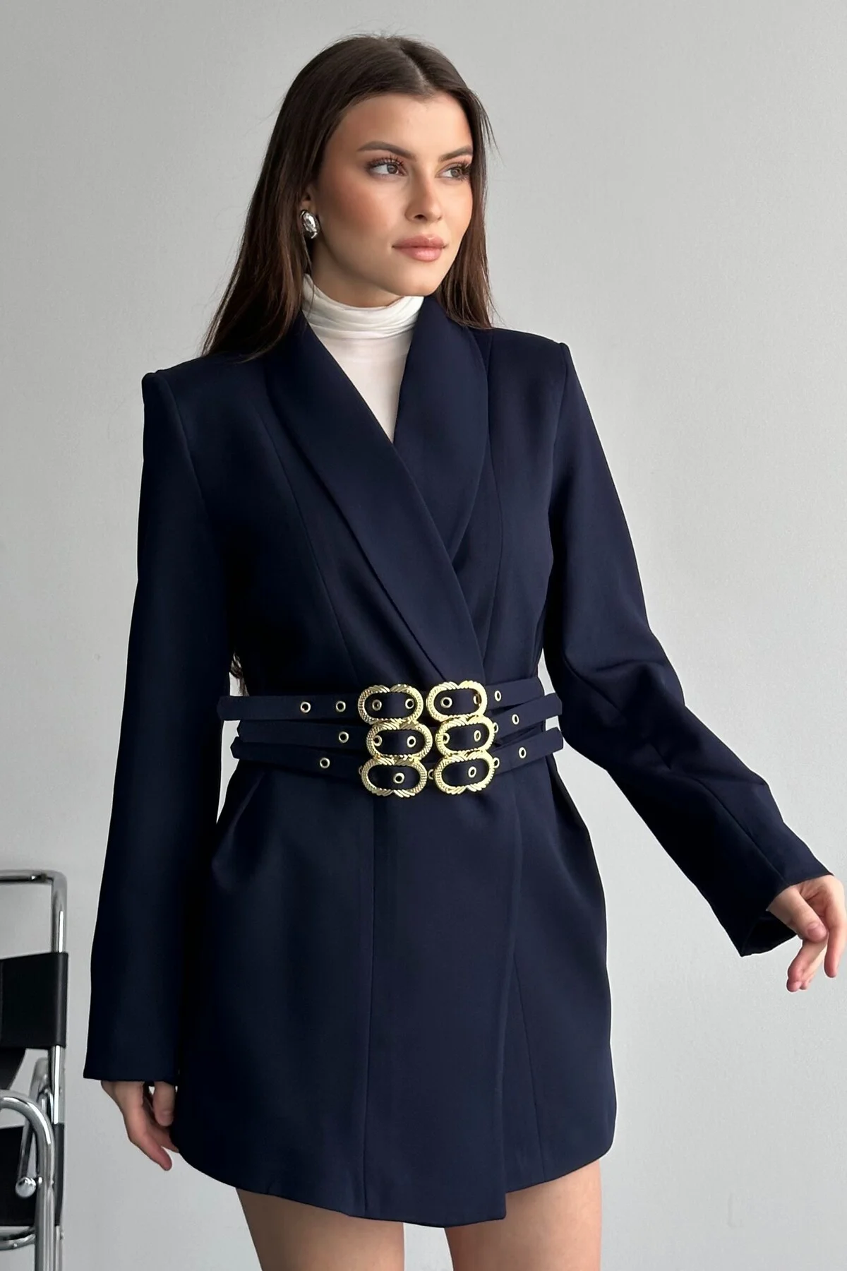 Kadın 3 Kemerli Blazer Ceket Gold Tokalı Kruvaze Kesim