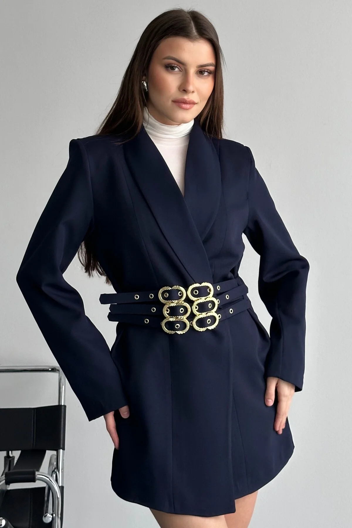 Kadın 3 Kemerli Blazer Ceket Gold Tokalı Kruvaze Kesim
