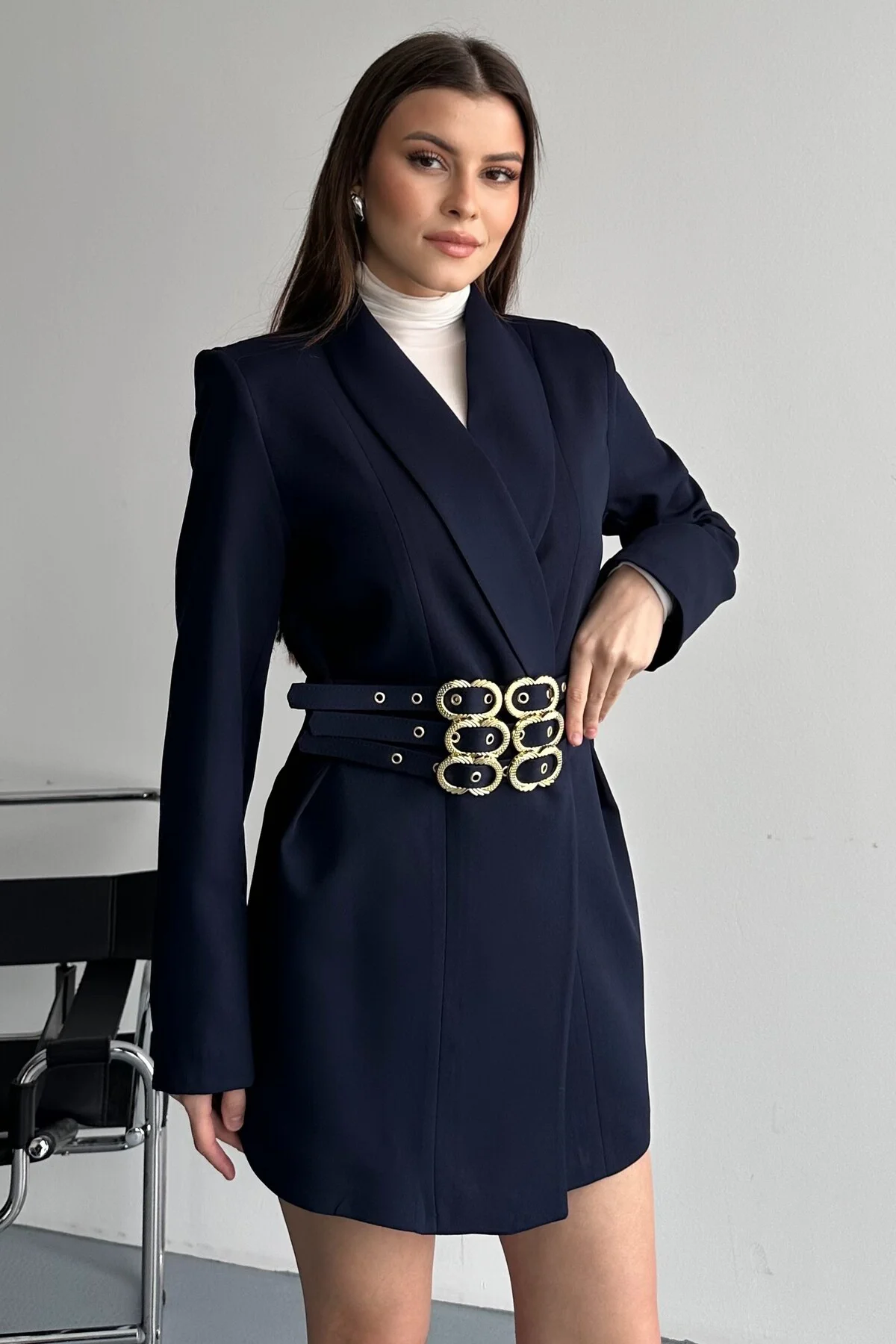 Kadın 3 Kemerli Blazer Ceket Gold Tokalı Kruvaze Kesim