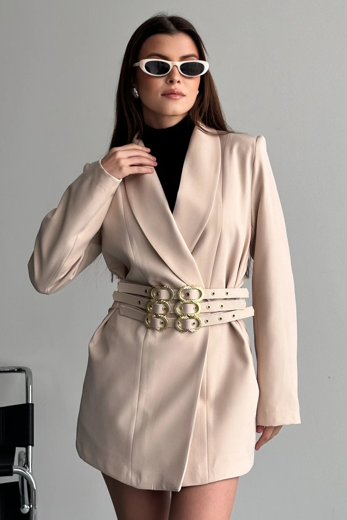 Kadın 3 Kemerli Blazer Ceket Gold Tokalı Kruvaze Kesim