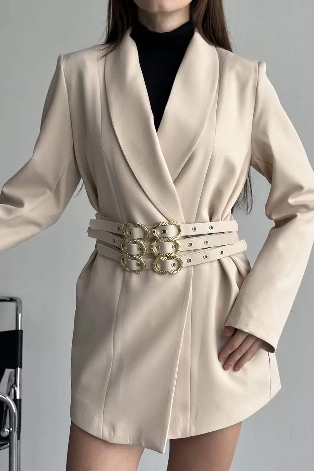 Kadın 3 Kemerli Blazer Ceket Gold Tokalı Kruvaze Kesim