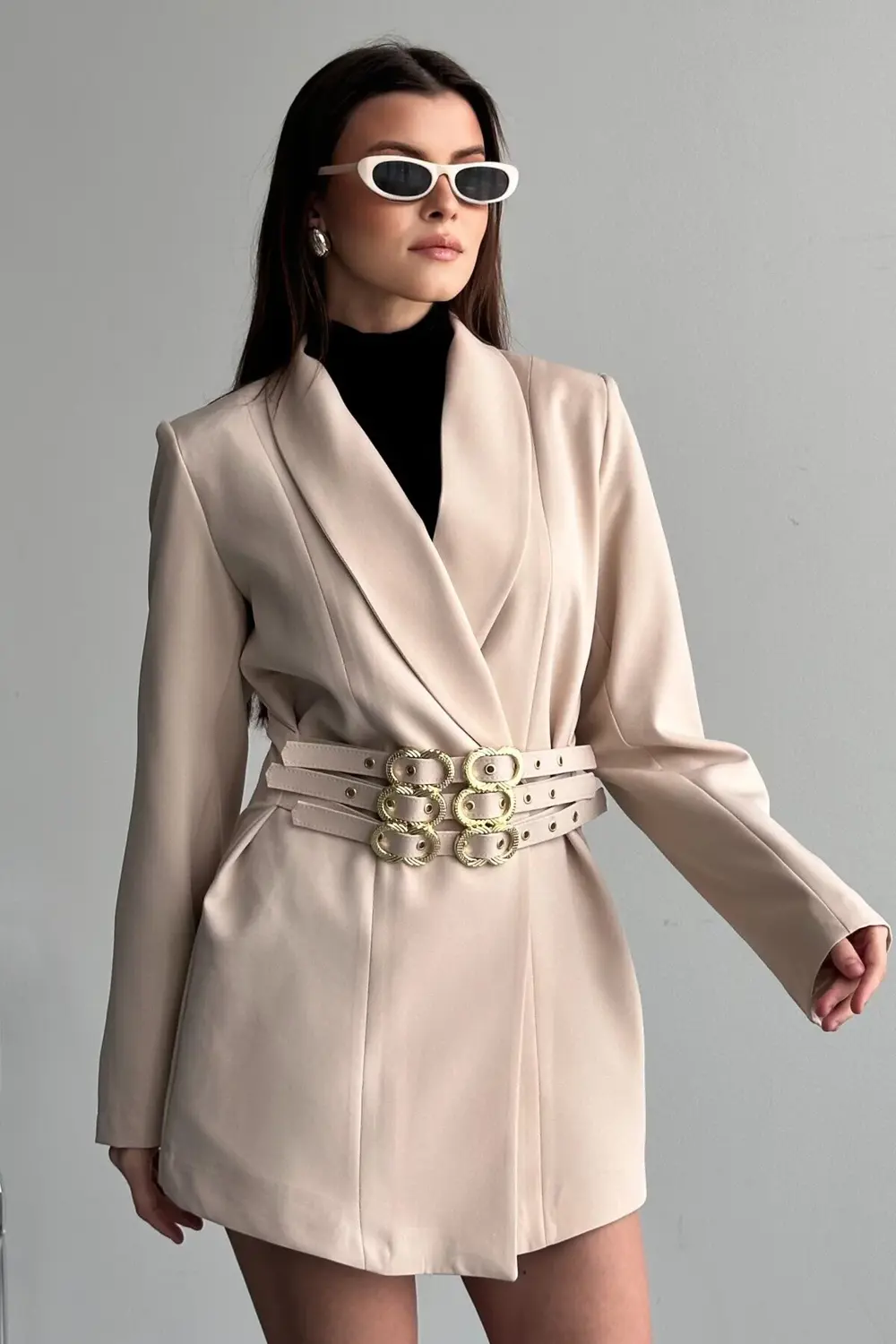 Kadın 3 Kemerli Blazer Ceket Gold Tokalı Kruvaze Kesim